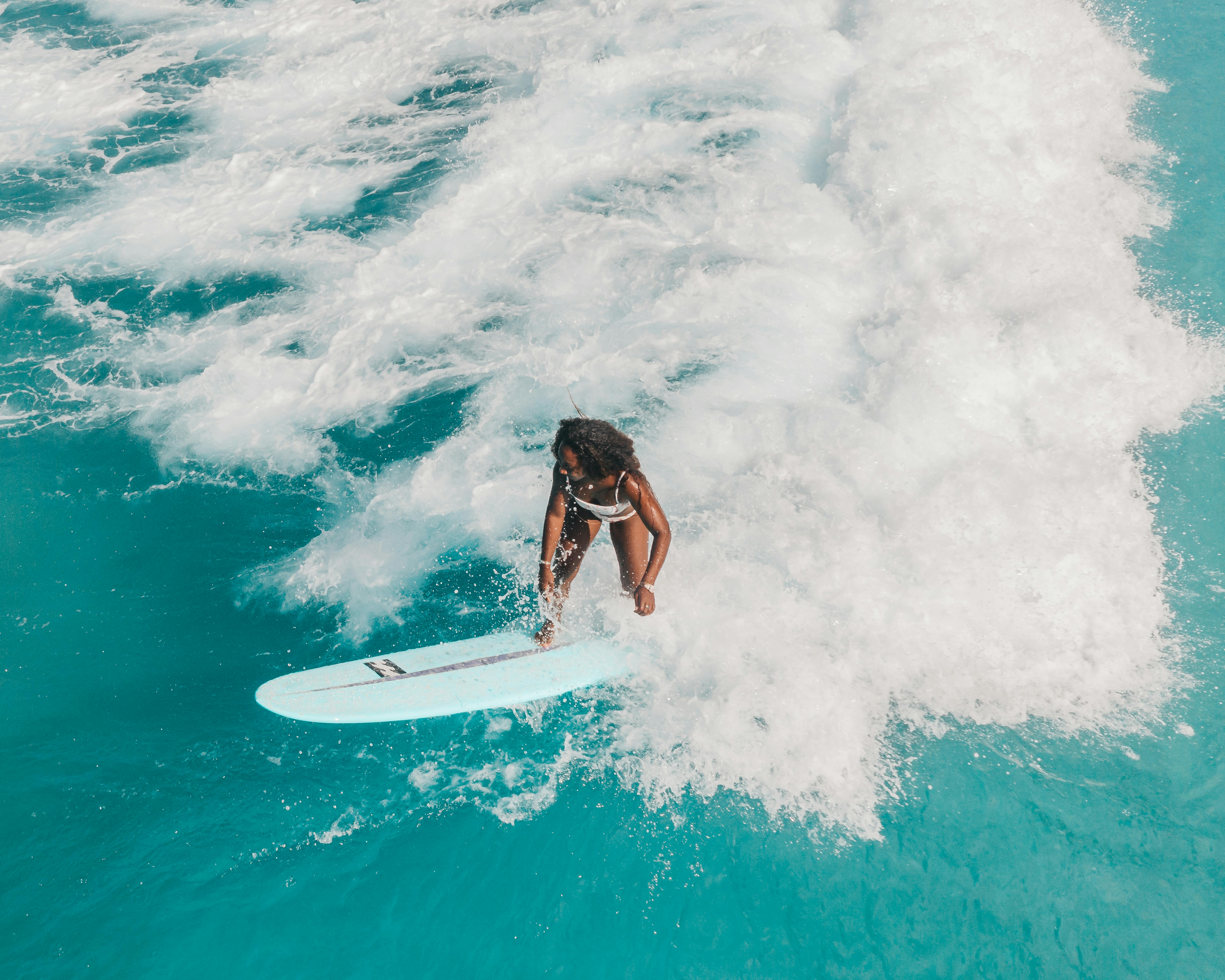 Woman in White Bikini Surfing on Sea Waves · Free
