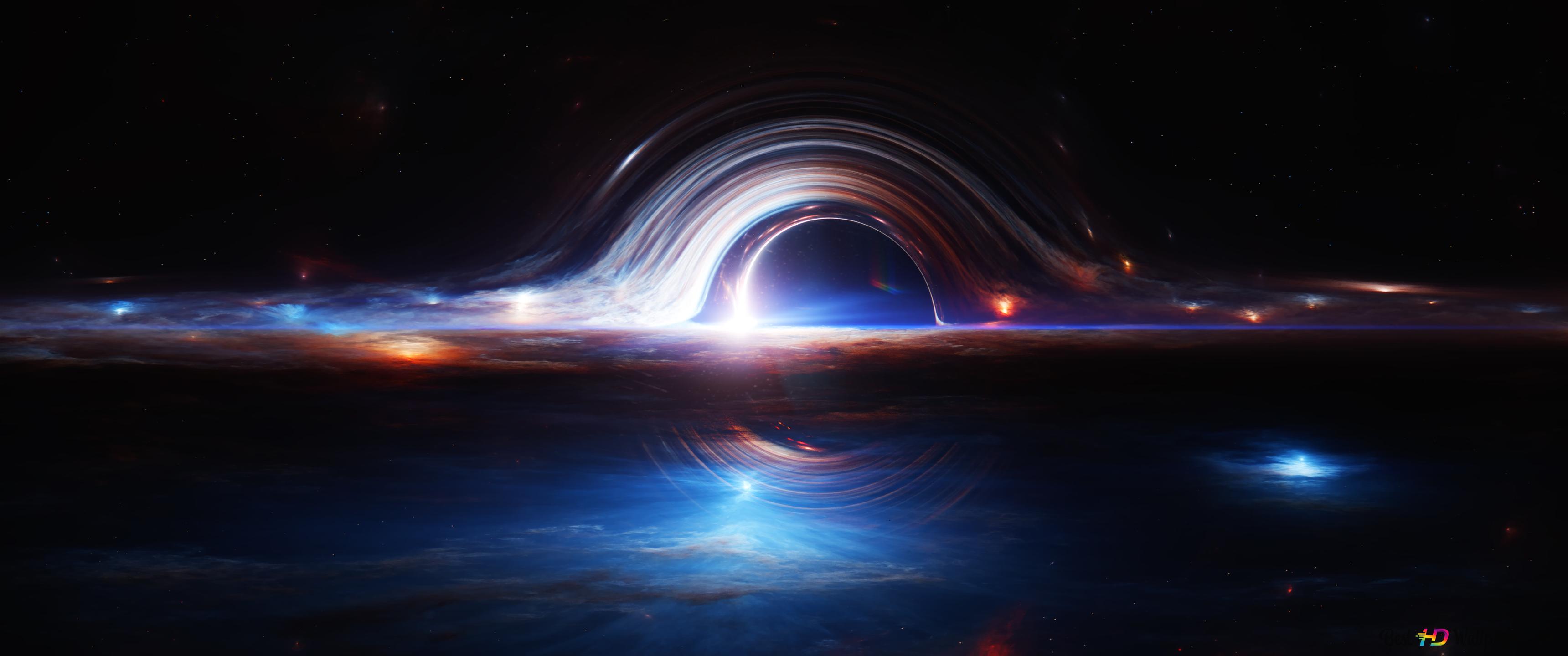 Black hole surrounded with light waves in outer space 4K wallpaper download