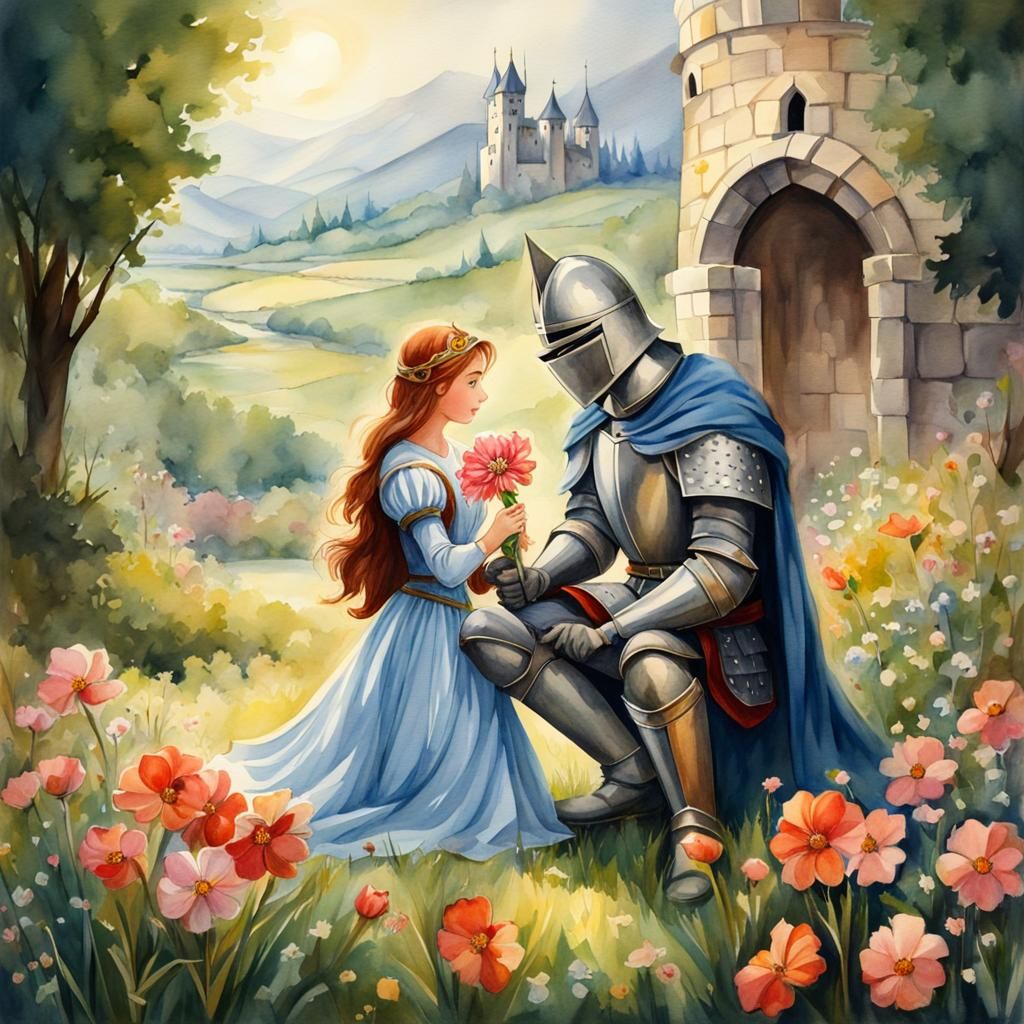 Storybook illustration), medieval knight on his knee, giving a princess a flower, watercolor matte background detailed painting beautiful m