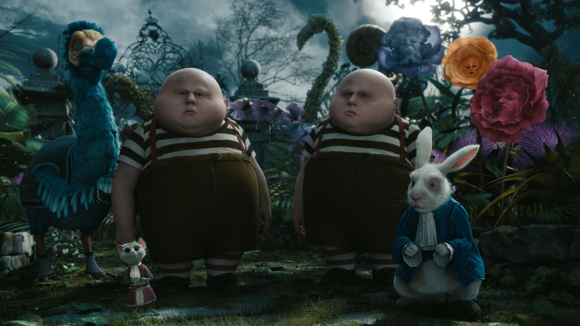 Alice in Wonderland 2010 HD Wallpaper: The Tweedle Twins & White Rabbit Scene