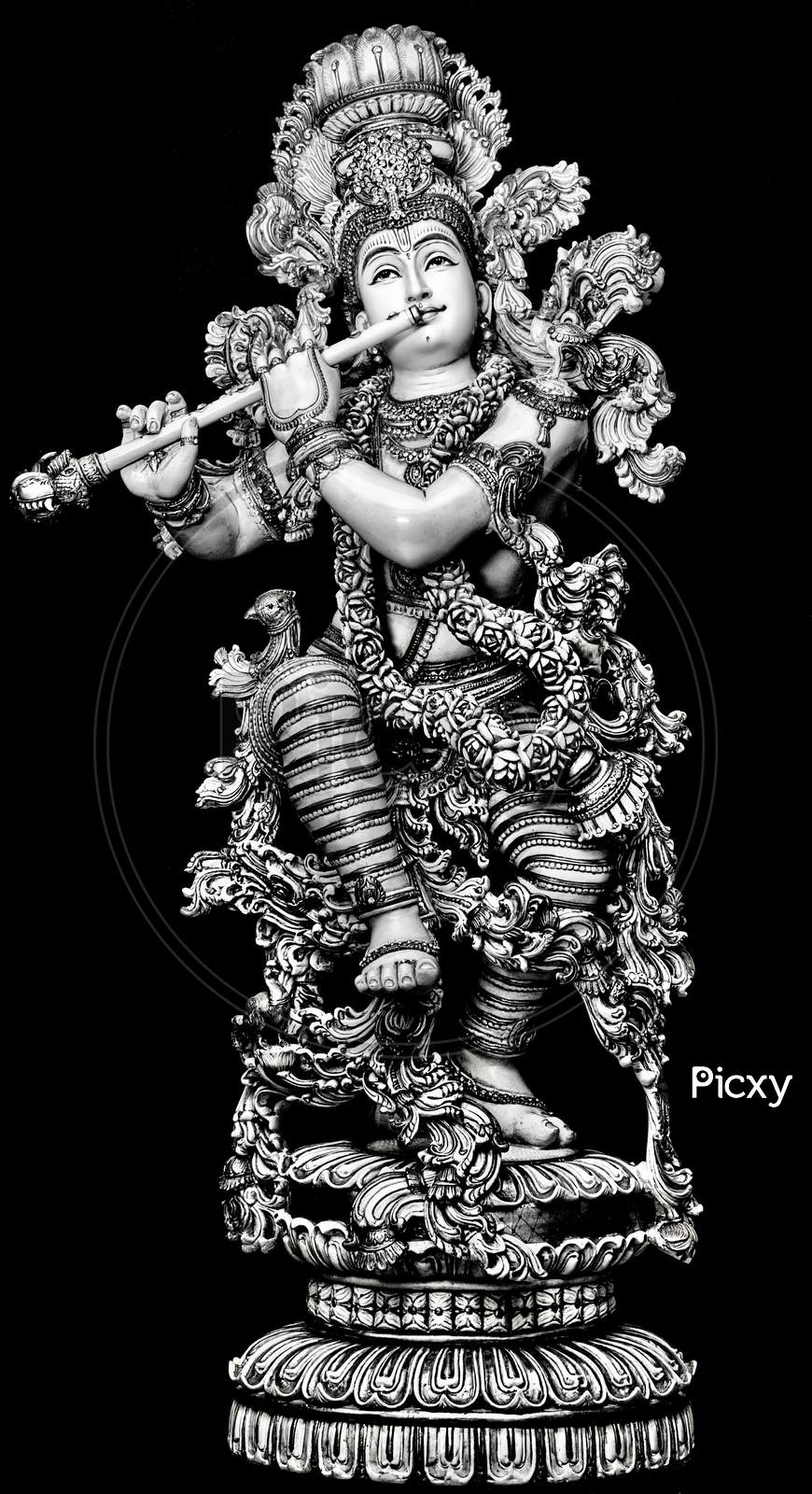 Image Of Beautiful Black And White BW Lord Thandav Krishna With Flute With Black Background With Fine Carvings And Artwork KA280709 Picxy