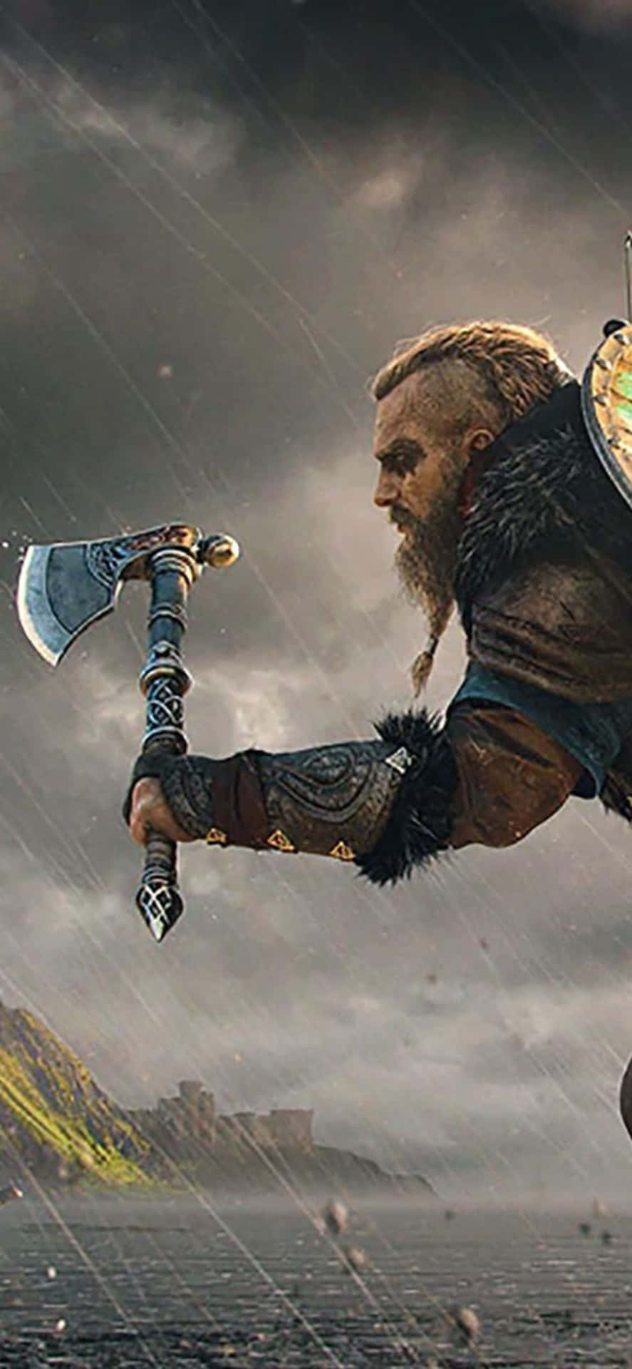 Download iPhone Xs Assassin's Creed Valhalla Viking Warrior In The Rain Background