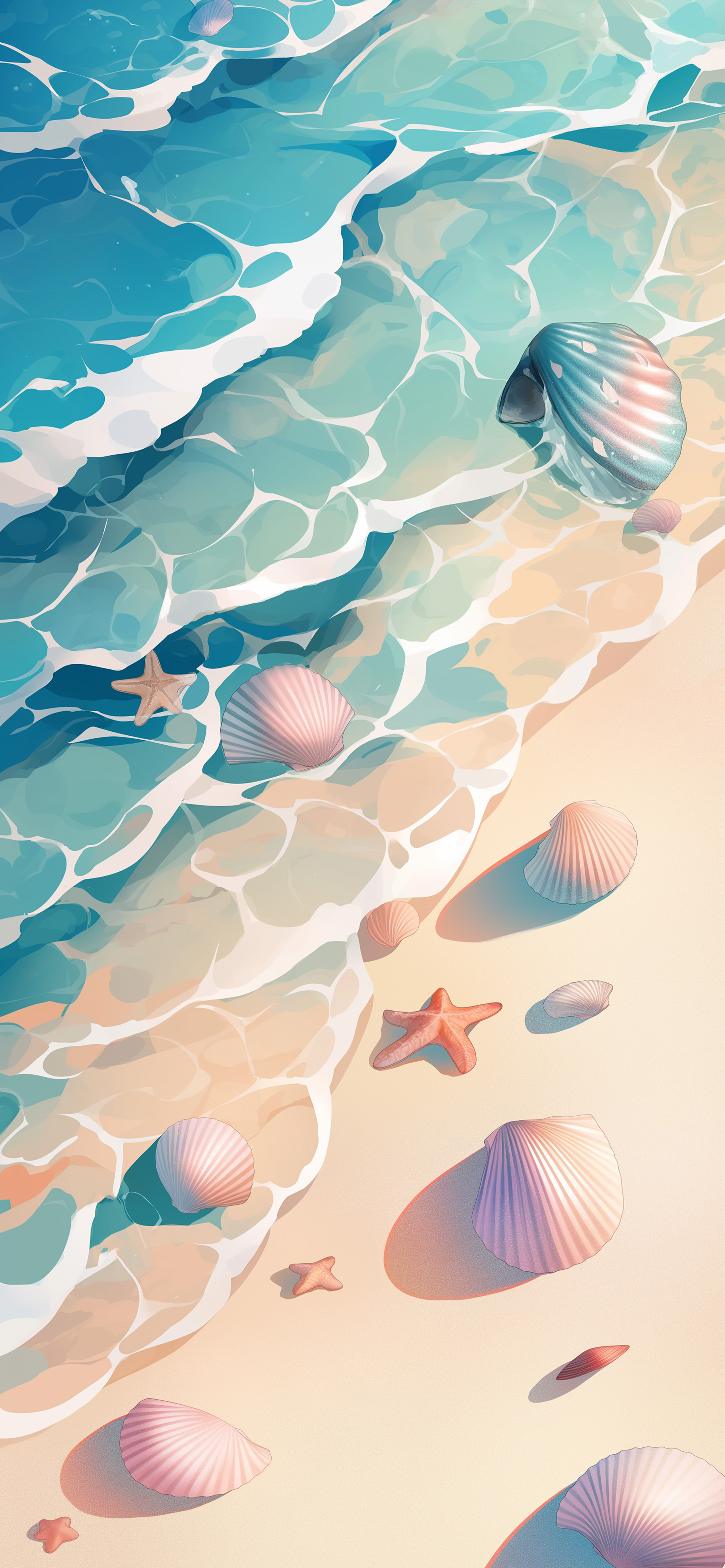 Delicate Pastel Seashells Soft Waves Wallpaper