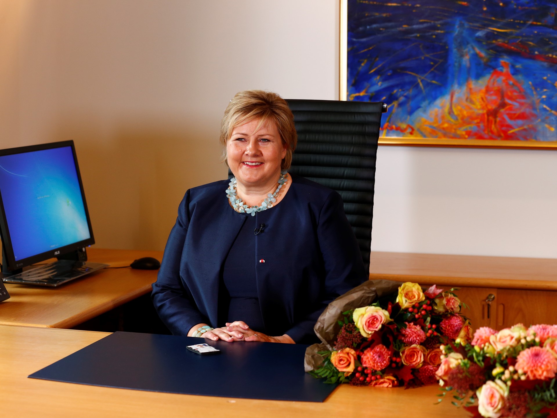 The new Norwegian Prime Minister, Ms Erna Solberg, in her new office