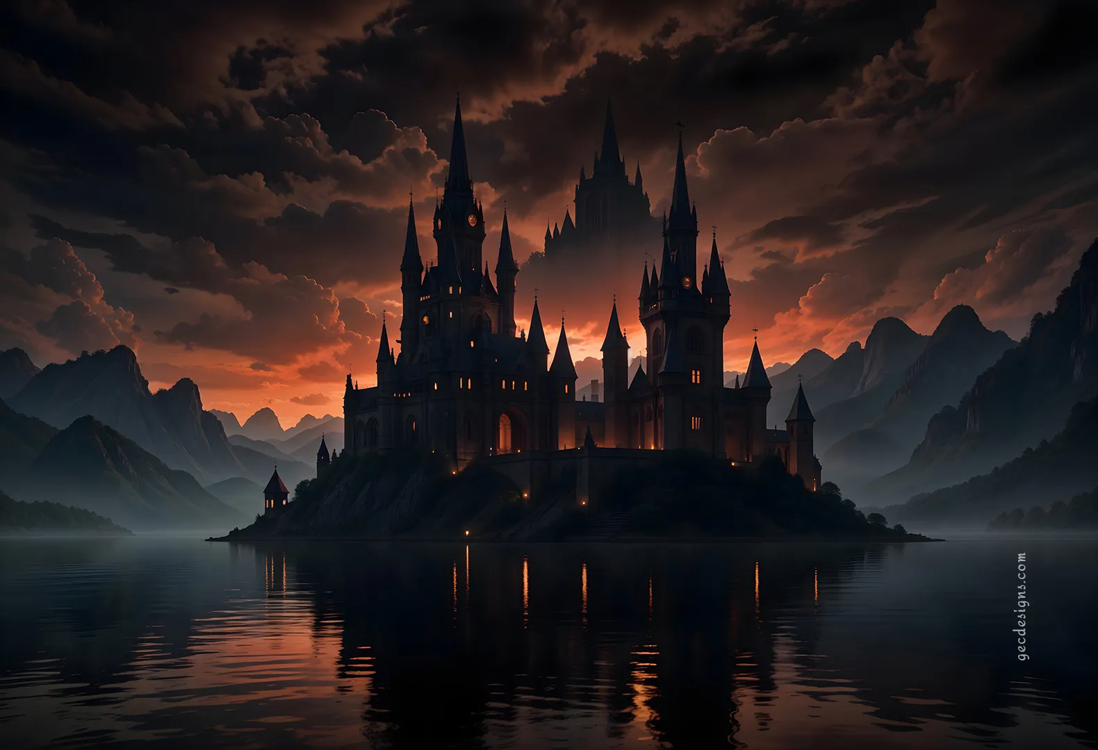 Horror theme castle surrounded by water night view wallpaper