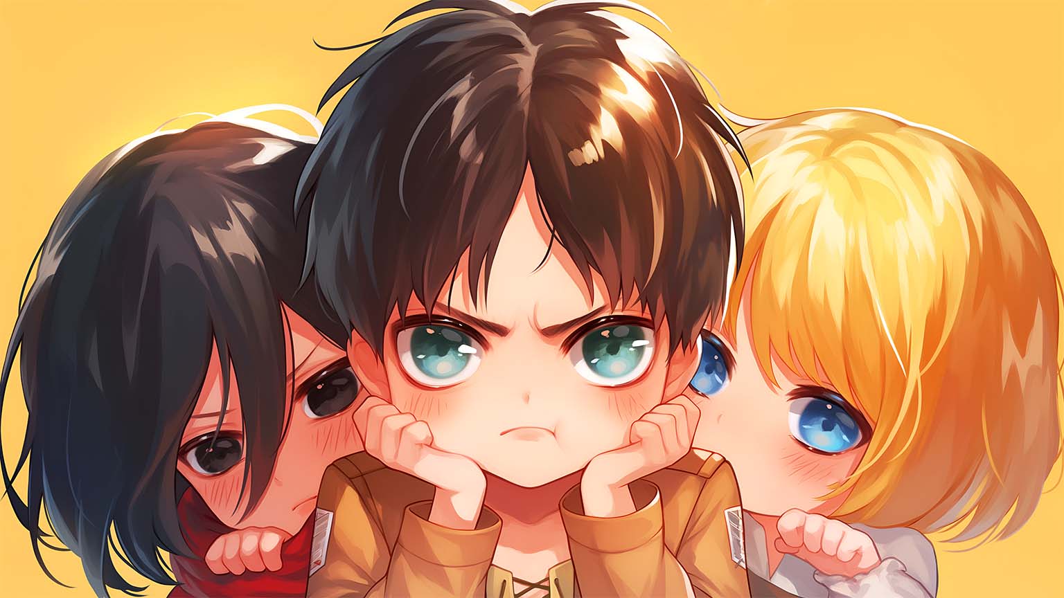 Eren, Mikasa & Armin Chibi AOT Desktop Wallpaper