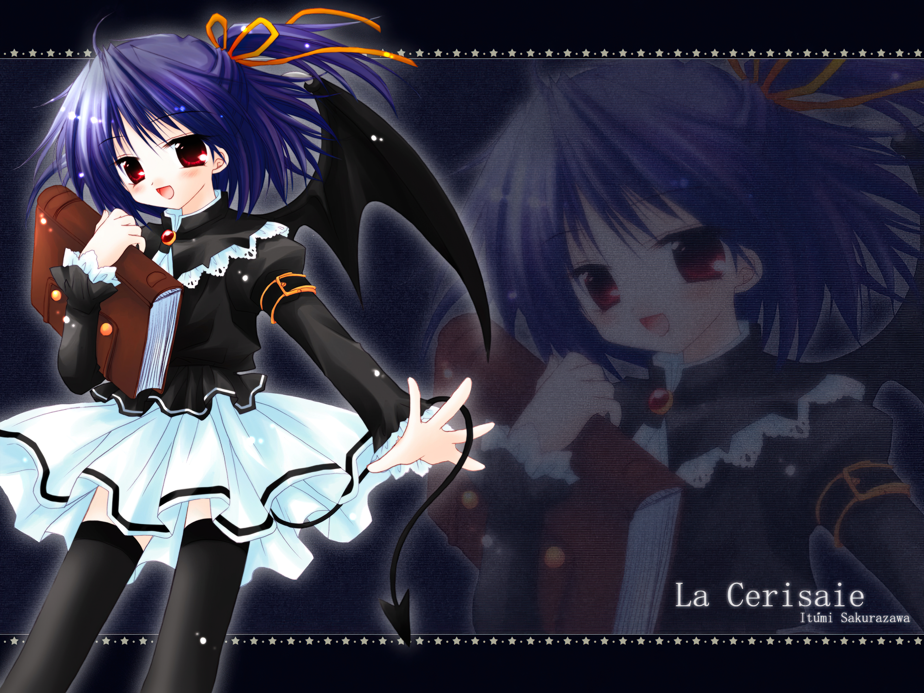 Download Ribbon Blue Hair Wings Book Blush Smile Red Eyes Short Hair Anime Original HD Wallpaper