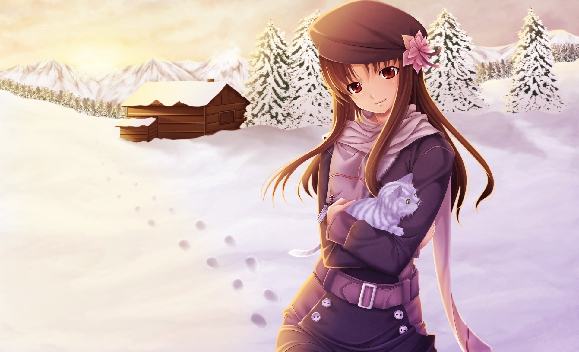 Winter Anime Girl with Kitten HD Wallpaper