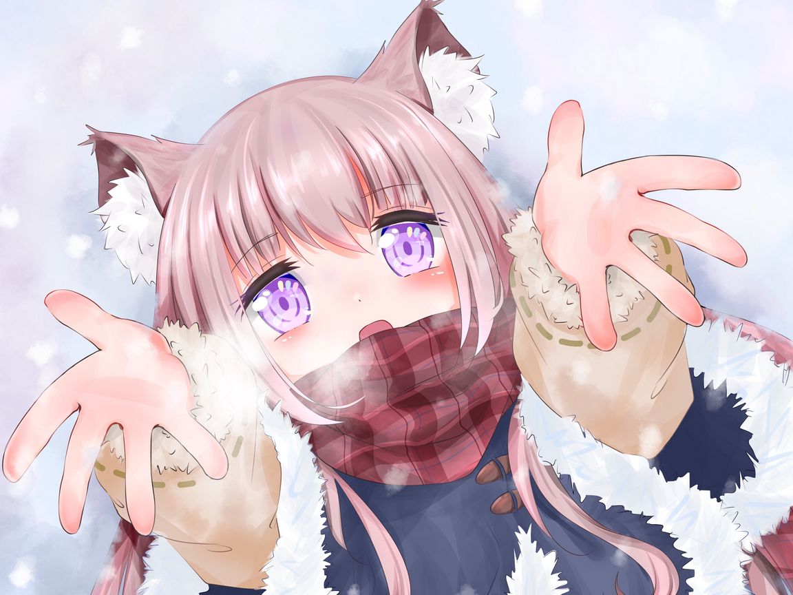 Download wallpaper 1152x864 girl, ears, scarf, winter, anime standard 4:3 HD background