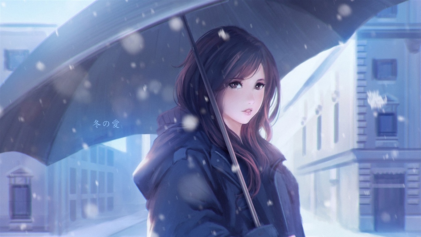 Winter love girl umbrella 2017 Anime Wallpaper