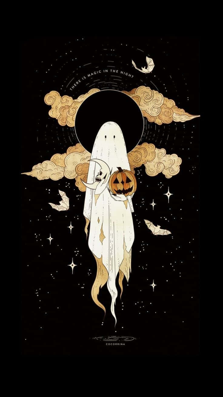 Download Vintage Ghost Holding Pumpkin Aesthetic Wallpaper