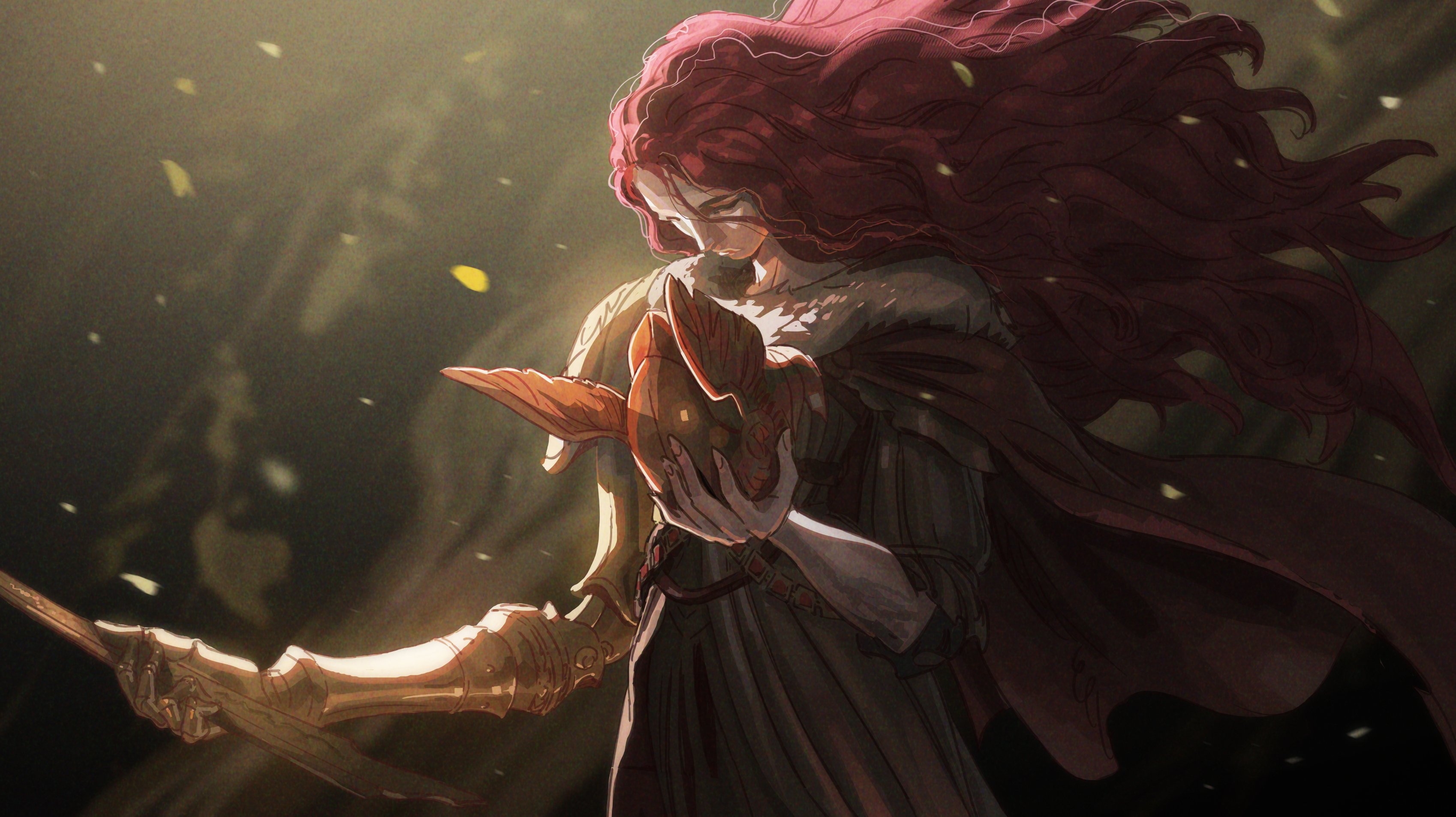 Wallpaper leaves, girl, helmet, sad, Elden Ring, Malenia, Blade of Miquella, suhebzako for mobile and desktop, section игры, resolution 3396x1907