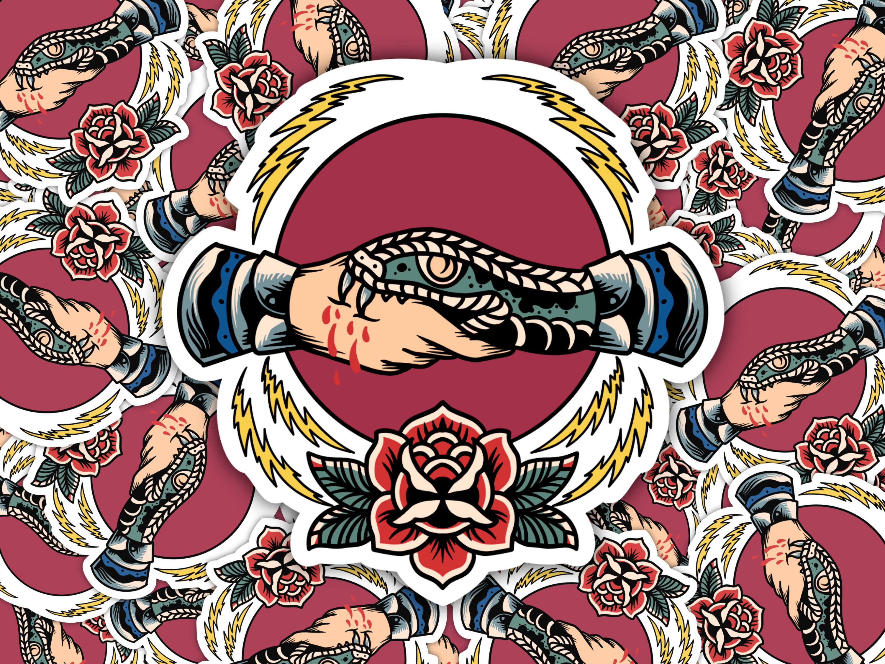 Buy Handshake With A Snake Floral Rose Lightning, American Traditional Tattoo Flash Weatherproof Vinyl Matte Die Cut Sticker By Buckle Up Betsy Online In India
