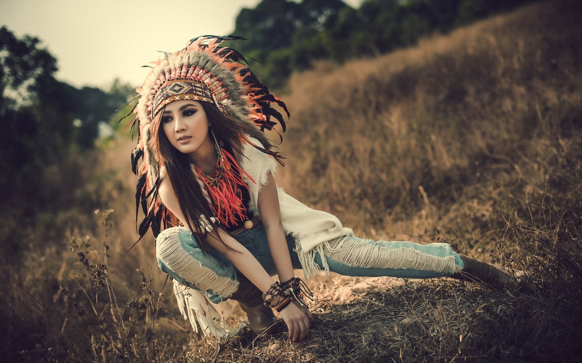 Native American Elegance: HD Model with Feathered Headdress in Nature