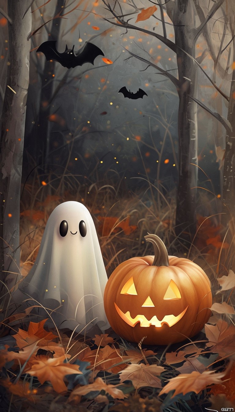 Whimsical Halloween Forest Scene With Jack O' Lantern And Ghost Poster