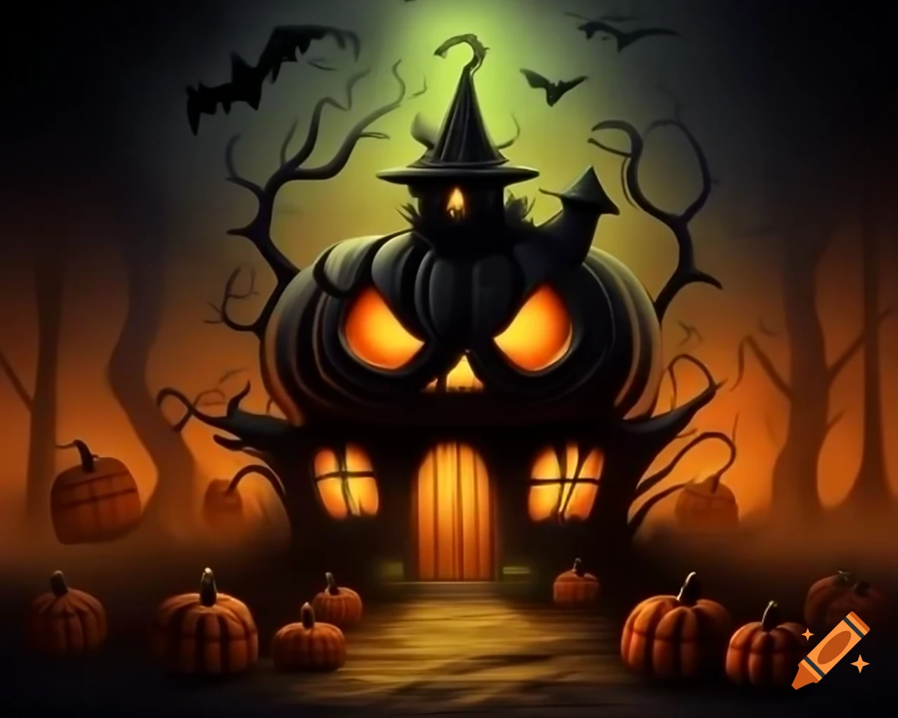 Cartoon style spooky Halloween pumpkin house in shades of orange, green, black, and gold on Craiyon