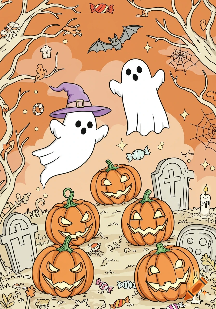 Kids Illustration, Spooky Halloween Scene With Ghosts Pumpkins Bats and Old House in the Background, Cartoon Style, Thick Lines, Low Detail, Vivid Color Ar 85:110 created on Craiyon