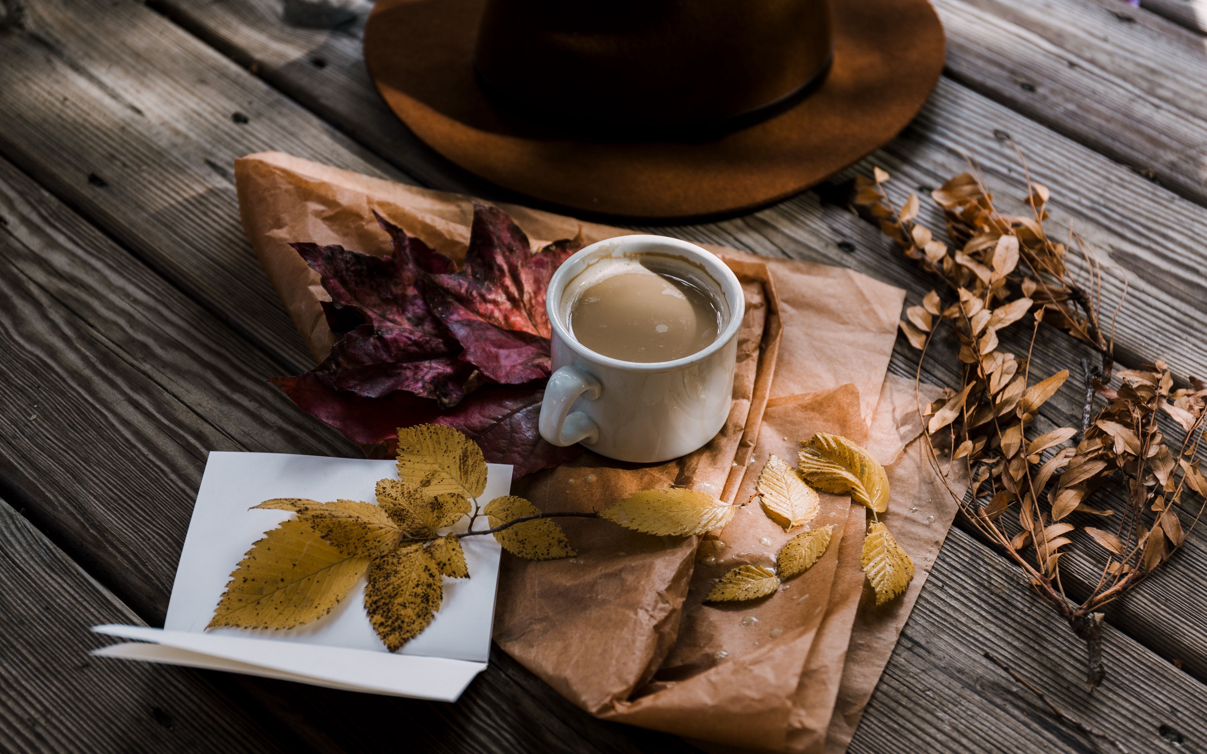 Download wallpaper 3840x2400 coffee, autumn, hat, foliage 4k ultra HD 16:10 HD background