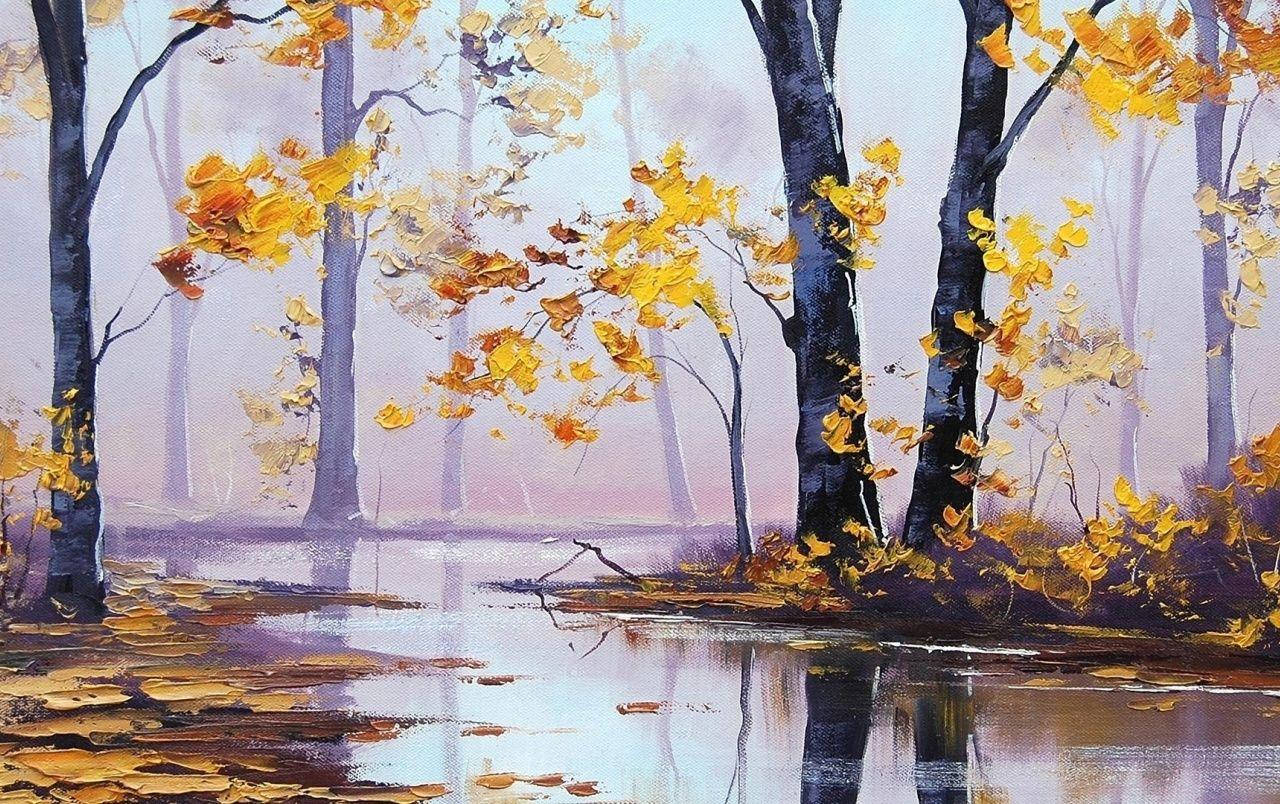 Download Autumn River Painting Desktop Wallpaper