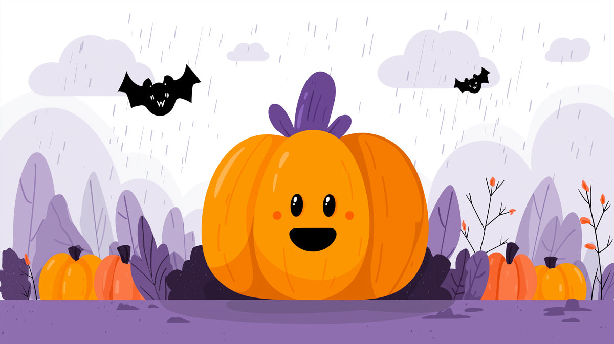 Happy Pumpkin Under Rainy Sky Wallpaper. Whimsical Autumn Scene