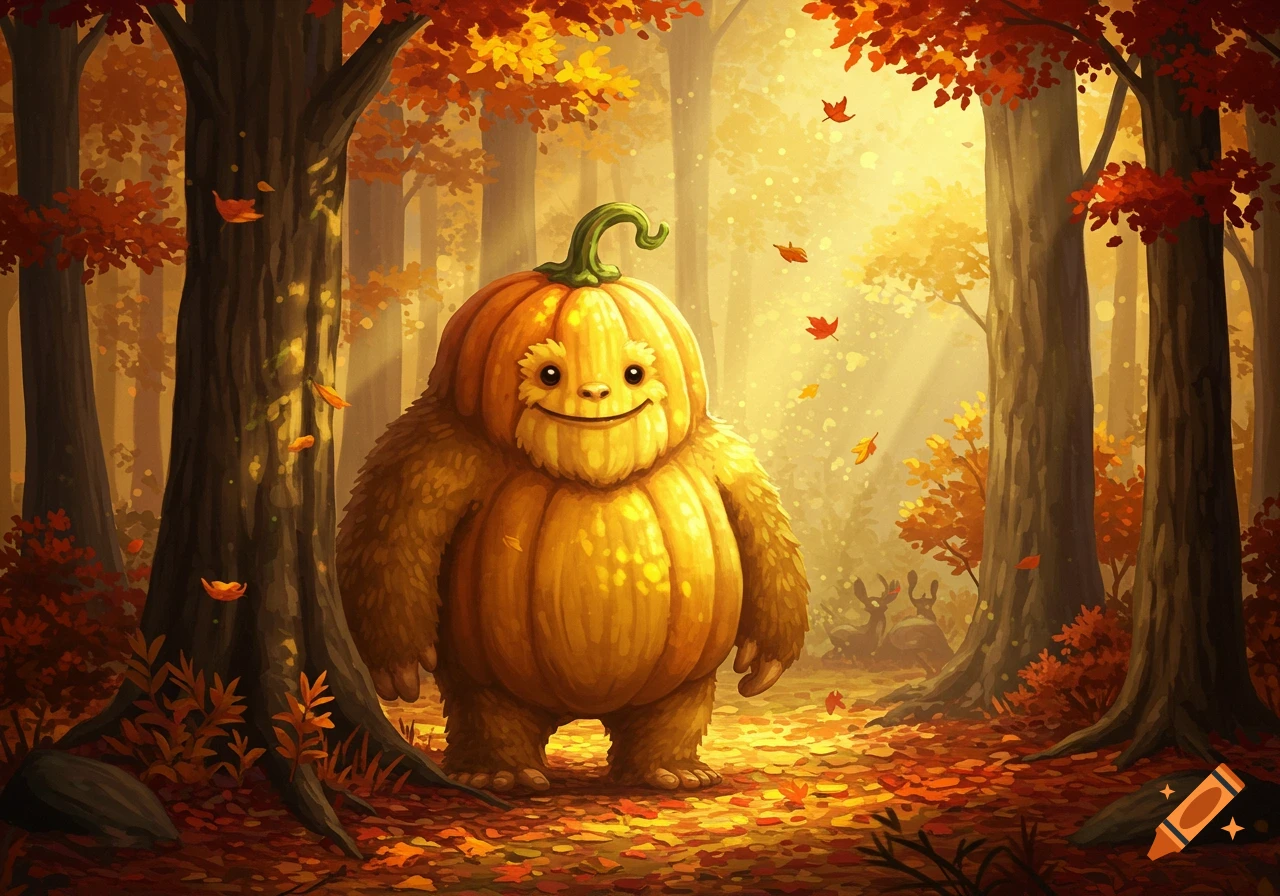 A Cartoon Pumpkin With a Face Sits on the Ground Surrounded by Autumn Leaves in an Illustrated Style. created on Craiyon