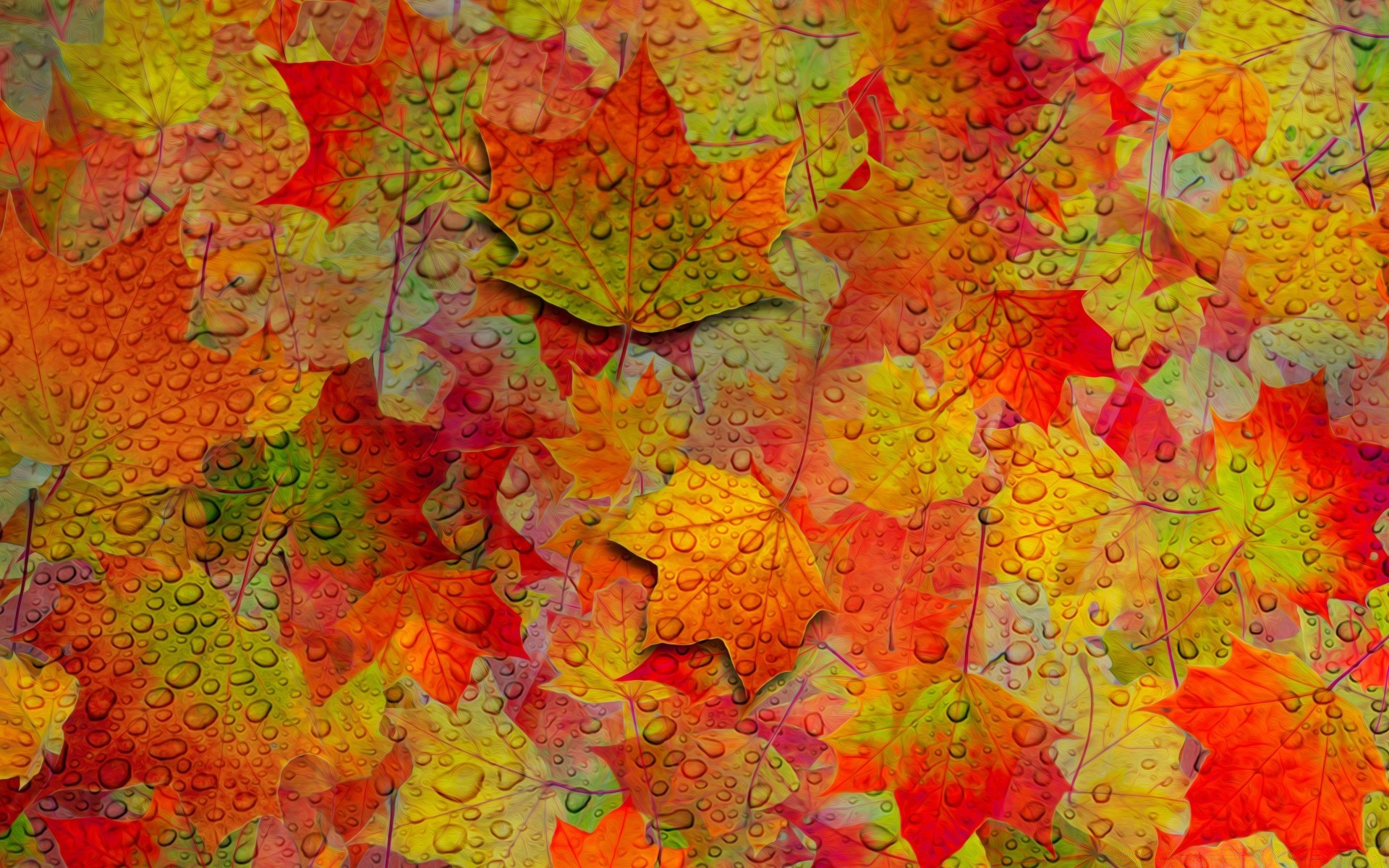 Painted surface with autumn leaves in drops of water