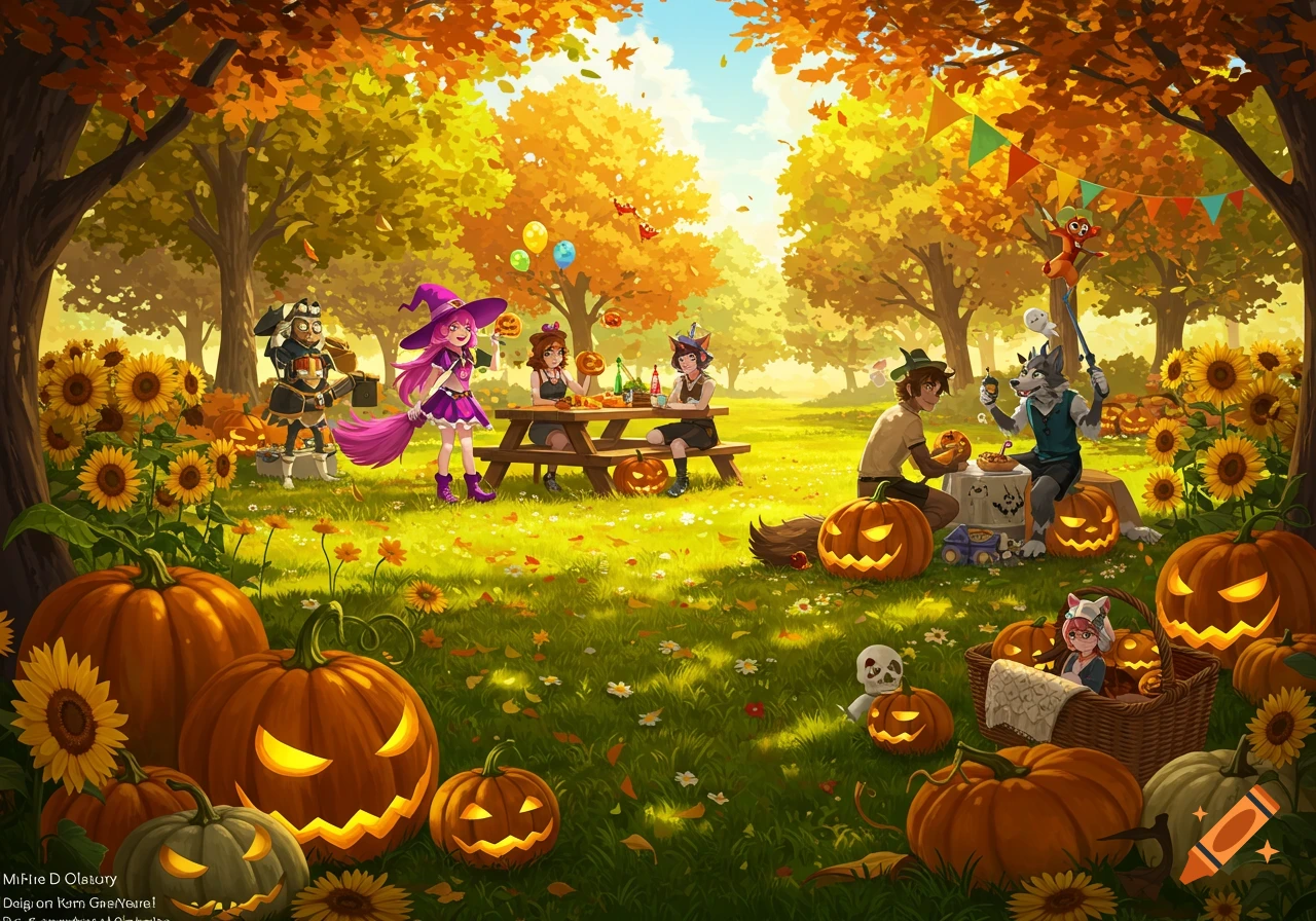 A Festive Anime Style Gathering In An Autumn Park, Featuring Characters In Halloween Costumes, Surrounded By Pumpkins And Sunflowers. On Craiyon