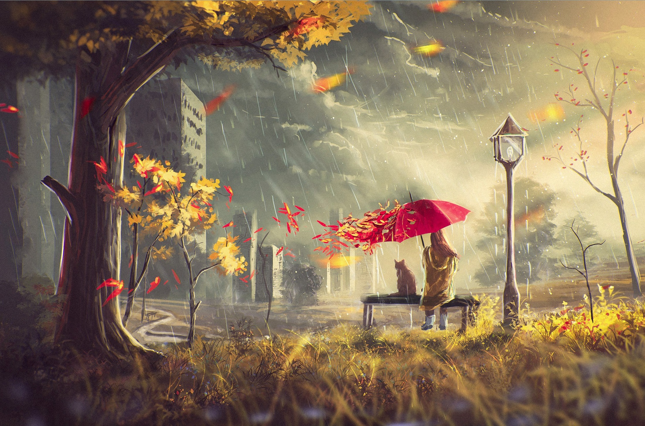 Wallpaper autumn, cat, leaves, girl, clouds, house, rain, tree for mobile and desktop, section живопись, resolution 2202x1454