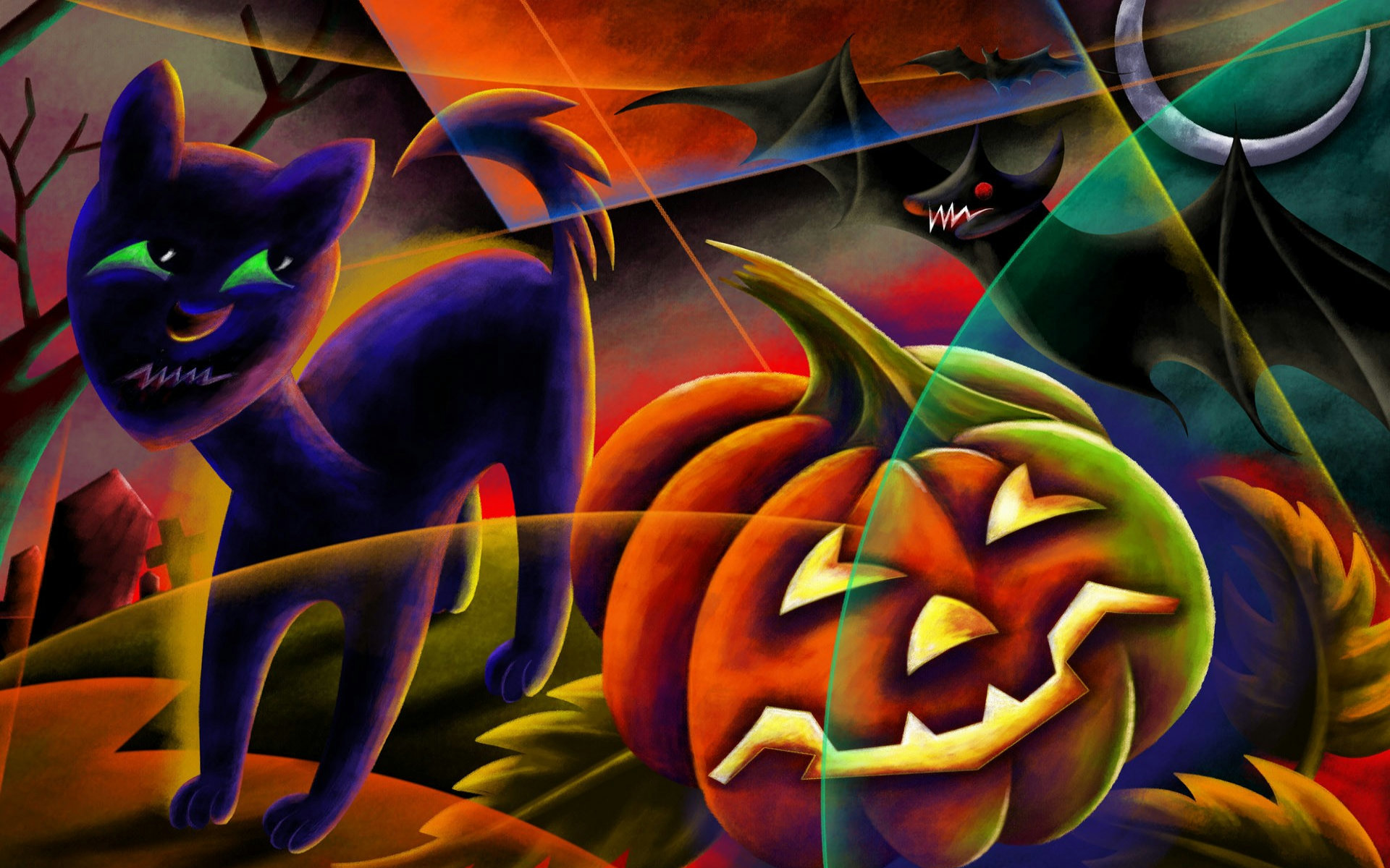 Wallpaper night, the moon, cemetery, pumpkin, Eclipse, bat, black cat, Happy Halloween for mobile and desktop, section живопись, resolution 1920x1200