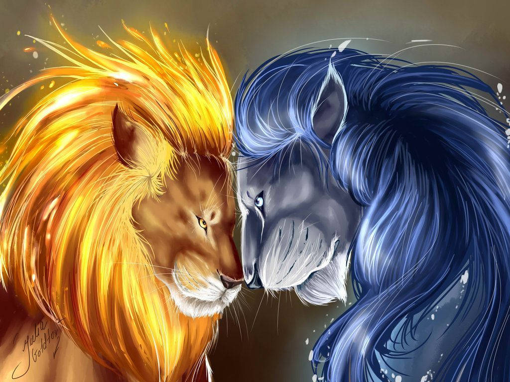 Download A fierce Fire Lion facing an Ice Lion in a powerful standoff Wallpaper