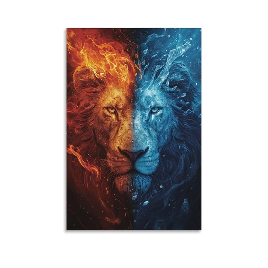 Half Face Lions Canvas Painting Wall Art Fire Lion And Ice Lion Poster Print Artwork Picture For Bedroom Room Decor 16x24inch(40x60cm) Unframe Color 4: Posters & Prints