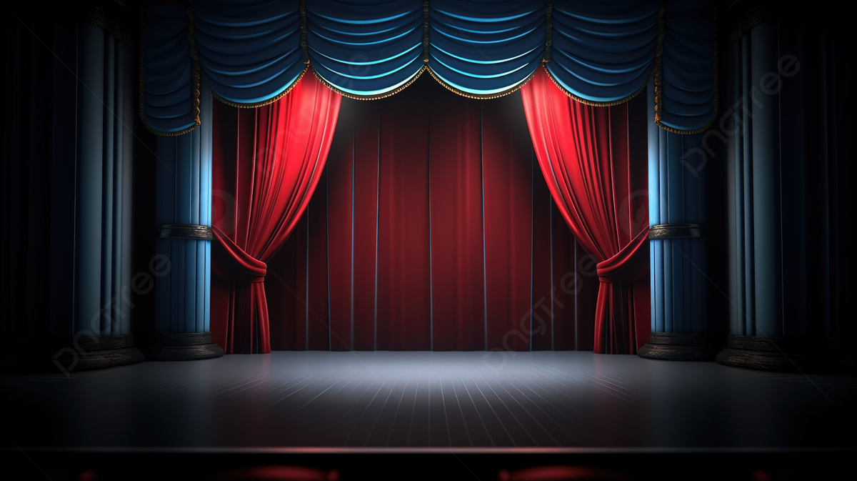 Theatrical Stage Brought To Life In 3D Featuring A Classic Red And Blue Curtain And A Spotlight, Theater Background, Stage Curtain, Theatre Stage Background Image And Wallpaper for Free Download