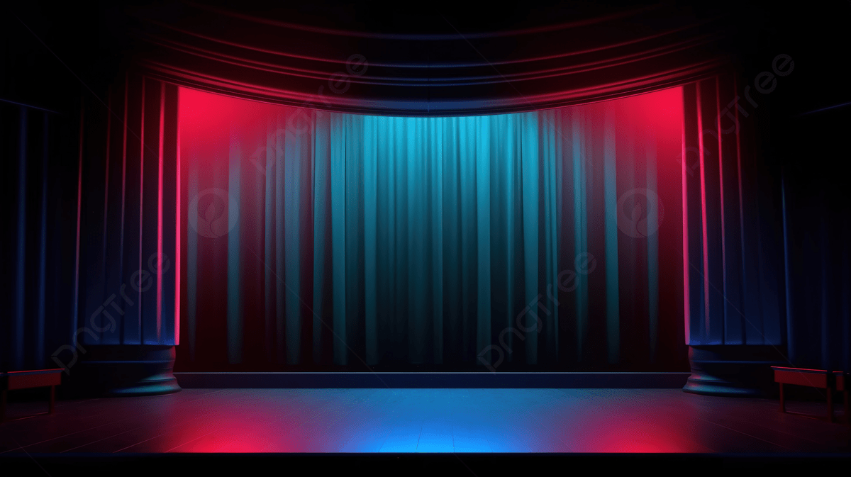 Theater Stage In 3D Featuring A Red And Blue Curtain And Spotlight, Theater Background, Stage Curtain, Theatre Stage Background Image And Wallpaper for Free Download