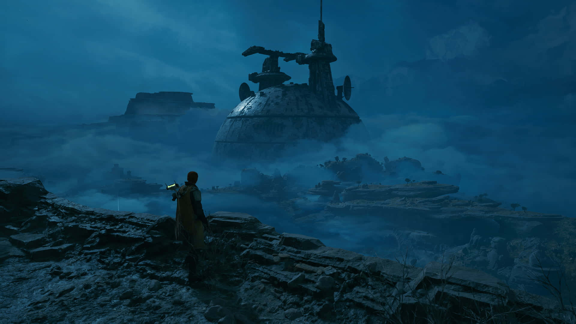 Download Jedi Survivor Lone Figure Overlooking Dystopian Landscape Wallpaper