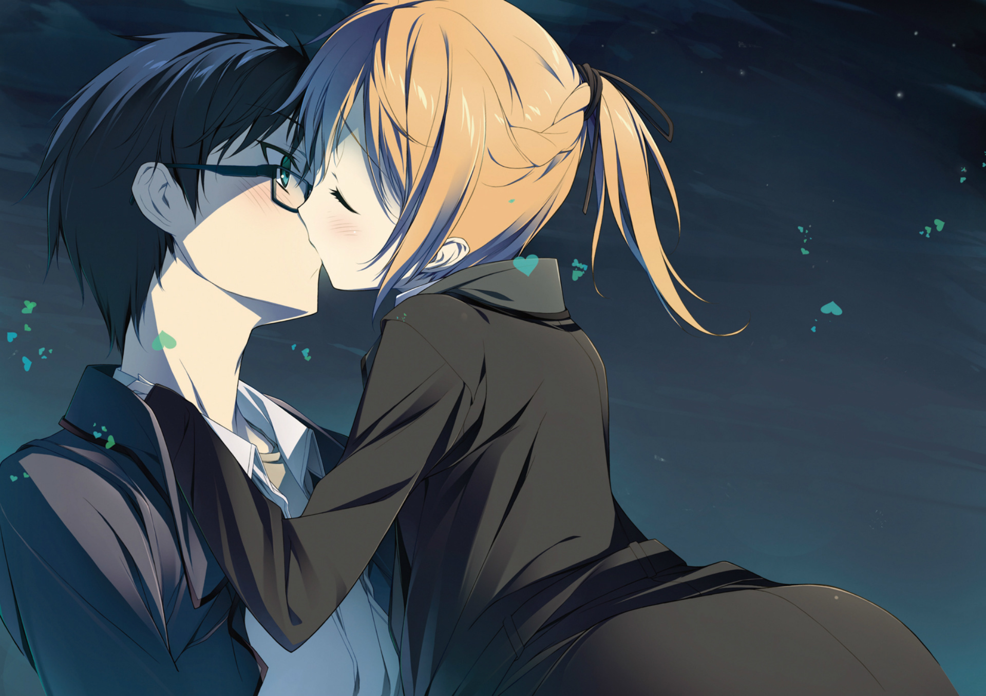Wallpaper night, kiss, glasses, hearts, two, art, mayo chiki, kinjieou sakamachi for mobile and desktop, section сёдзё, resolution 1920x1357