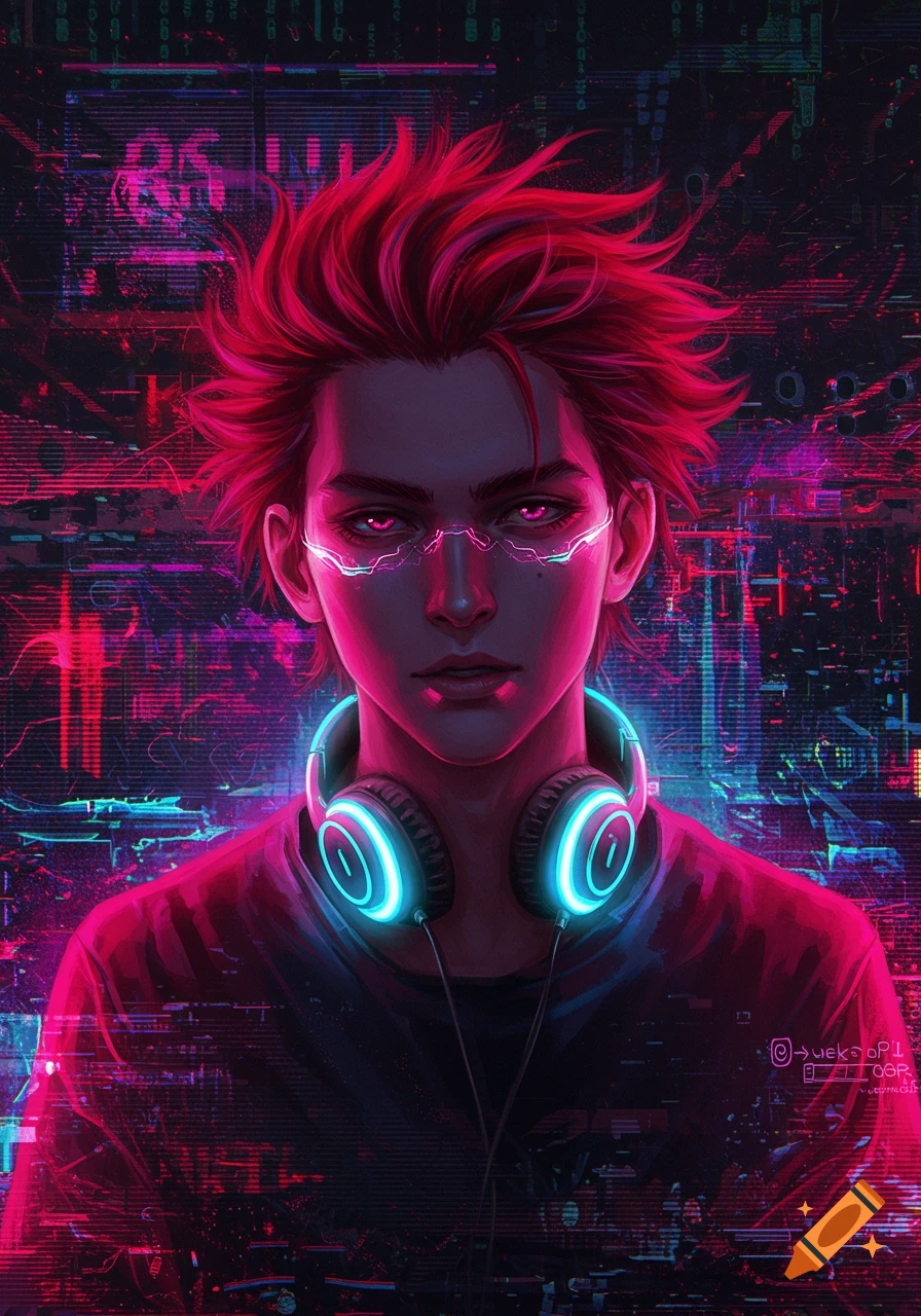 Anime Character With Black Curly Hair and Beard in Retrowave Glitch Style created on Craiyon