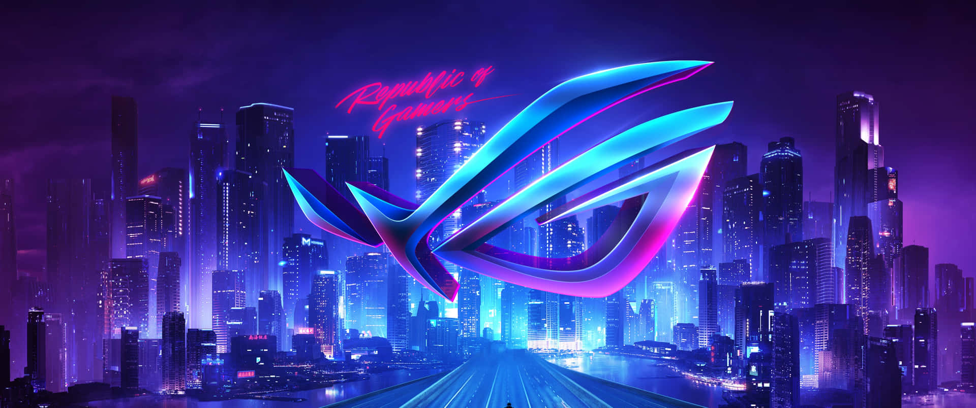 Download 3840 X 1080 Gaming Rog Logo Neon City Wallpaper