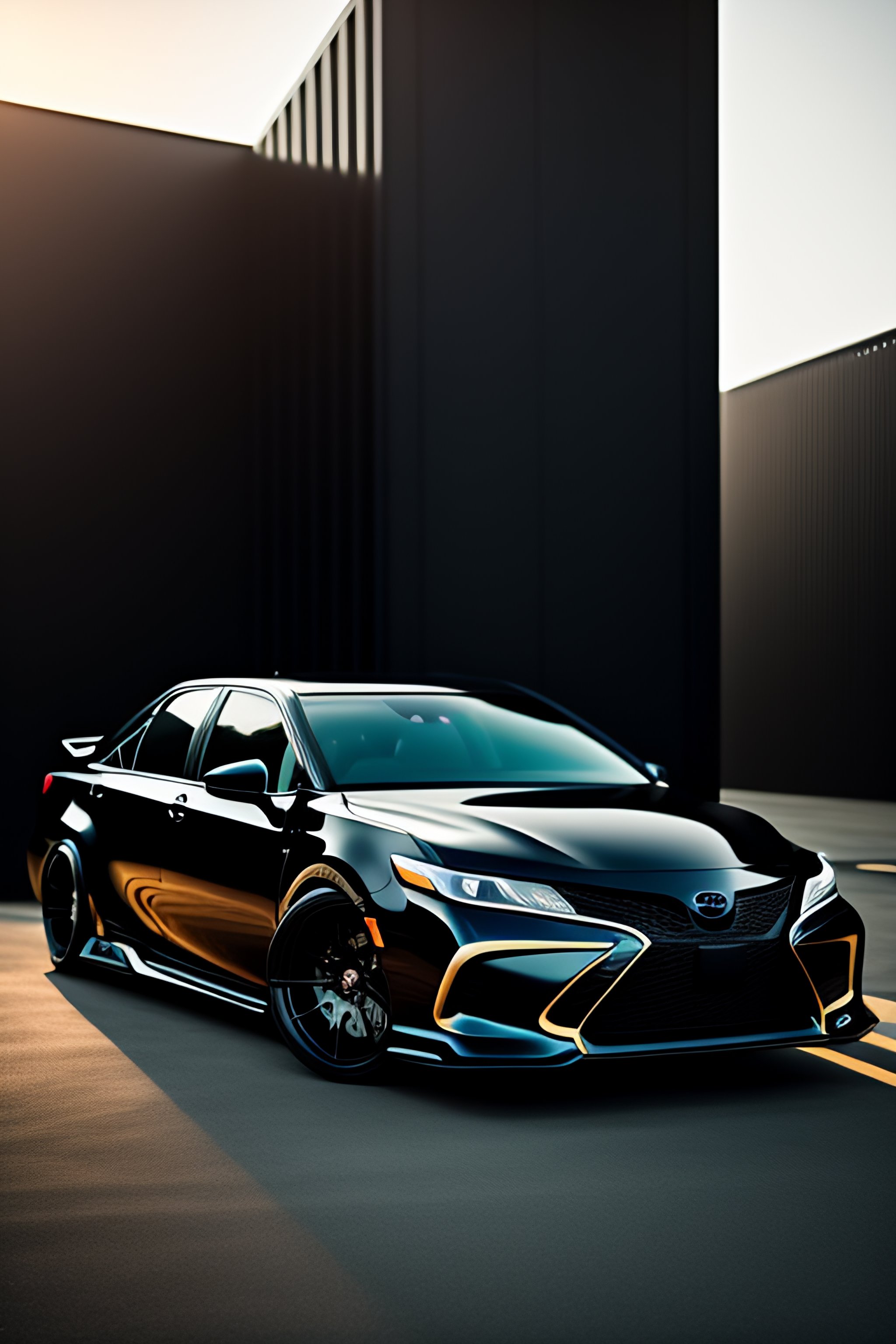 Black color car toyota camry 55, black toyota 55, 8k resoultion, futuristic, cyberpunk, hyper realistic , black body car, day, blade runner fil
