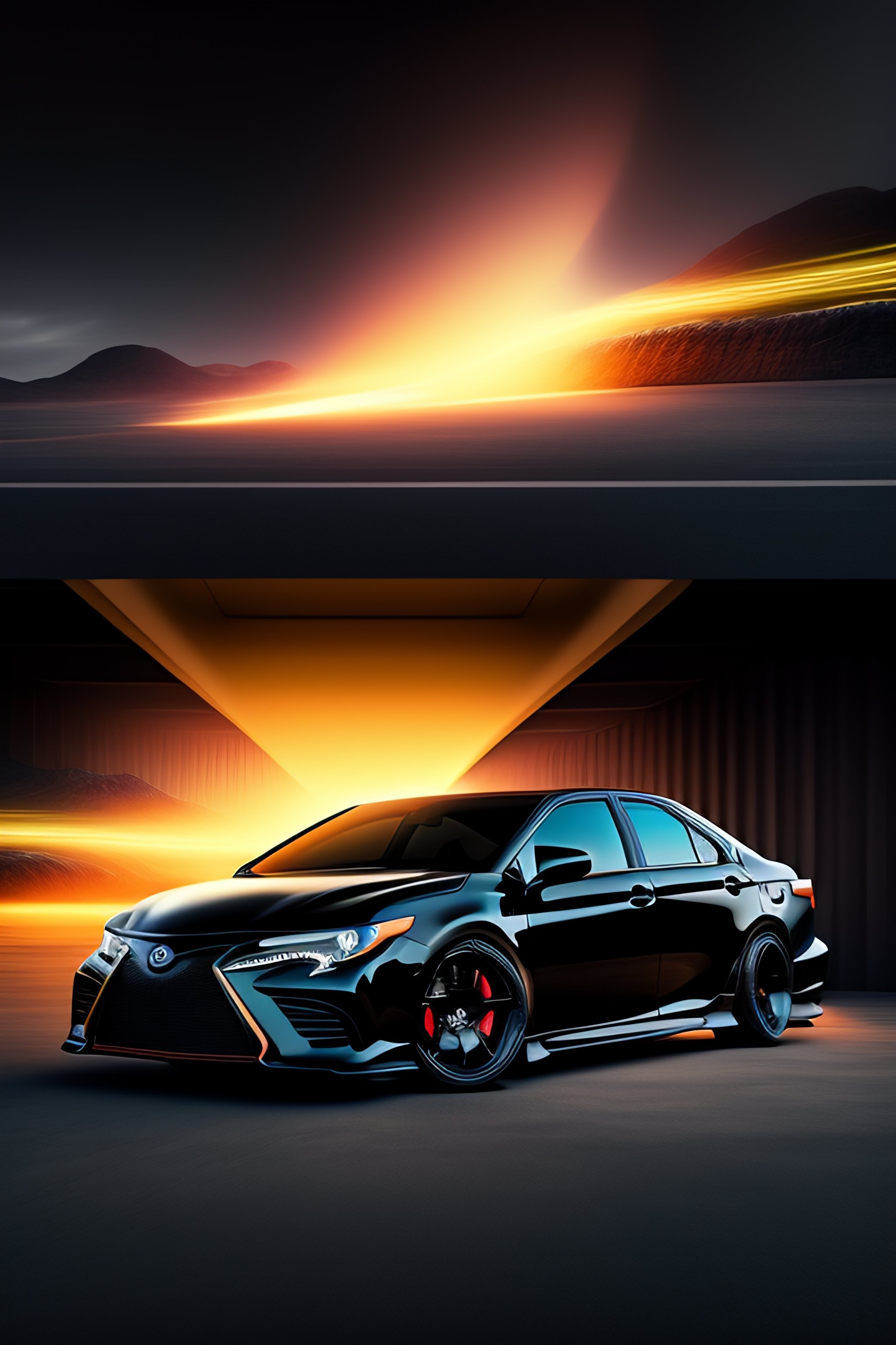 Black color car toyota camry 55, black toyota 55, 8k resoultion, futuristic, cyberpunk, hyper realistic , black body car, day, blade runner fil