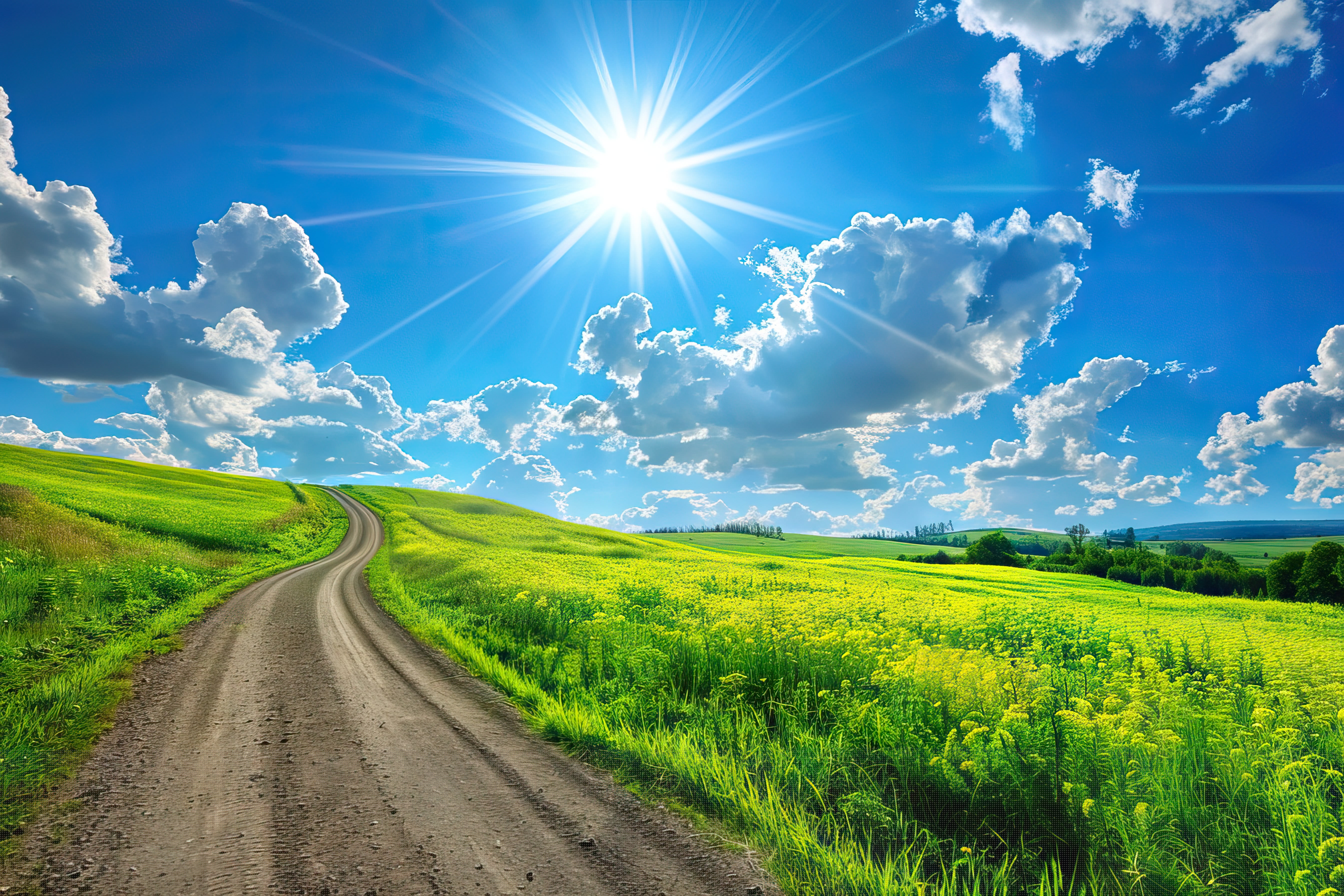 Wallpaper road, field, summer, the sky, grass, spring, summer, sunshine for mobile and desktop, section пейзажи, resolution 5376x3584