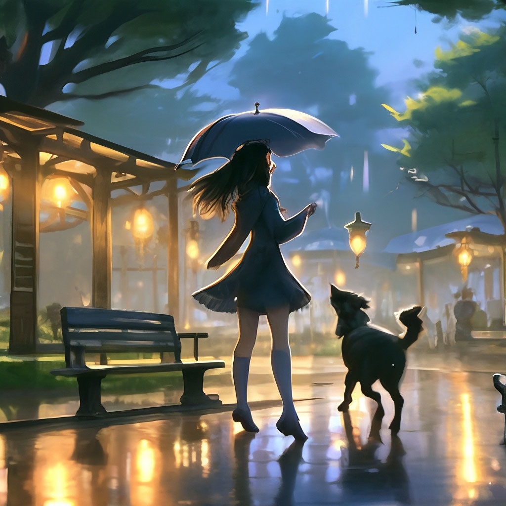 Anime girl dancing, anime, art, rain, lantern, soft lighting, high detail, in the park, a bench on the left, dogs