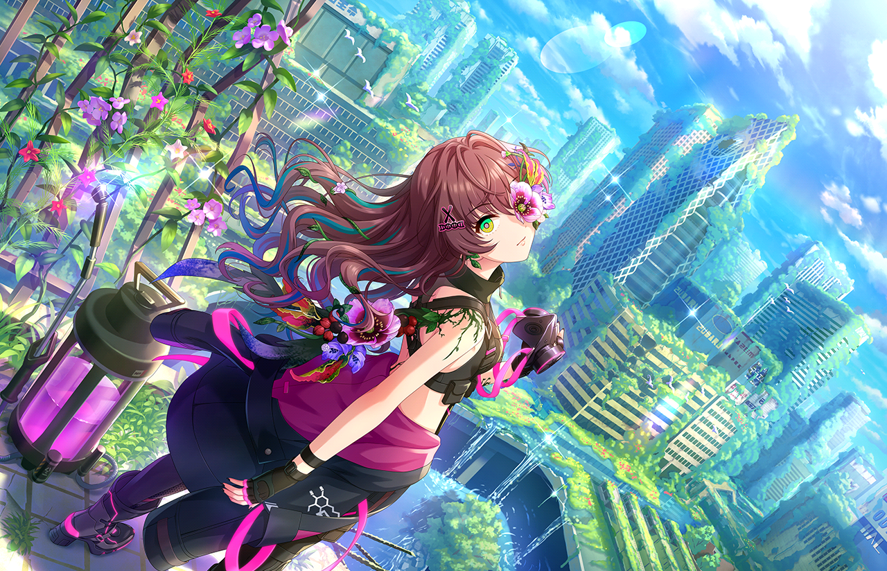 brown hair building city clouds flowers gloves green eyes ichinose shiki idolmaster idolmaster cinderella girls starlight stage landscape long hair mask ruins scenic sky tagme (artist) water waterfall