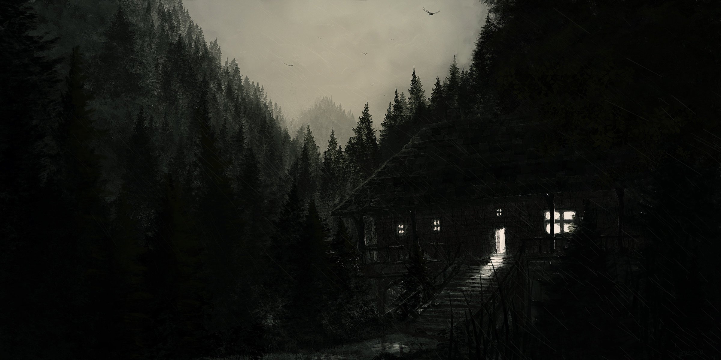 A house in the night wilderness of the forest