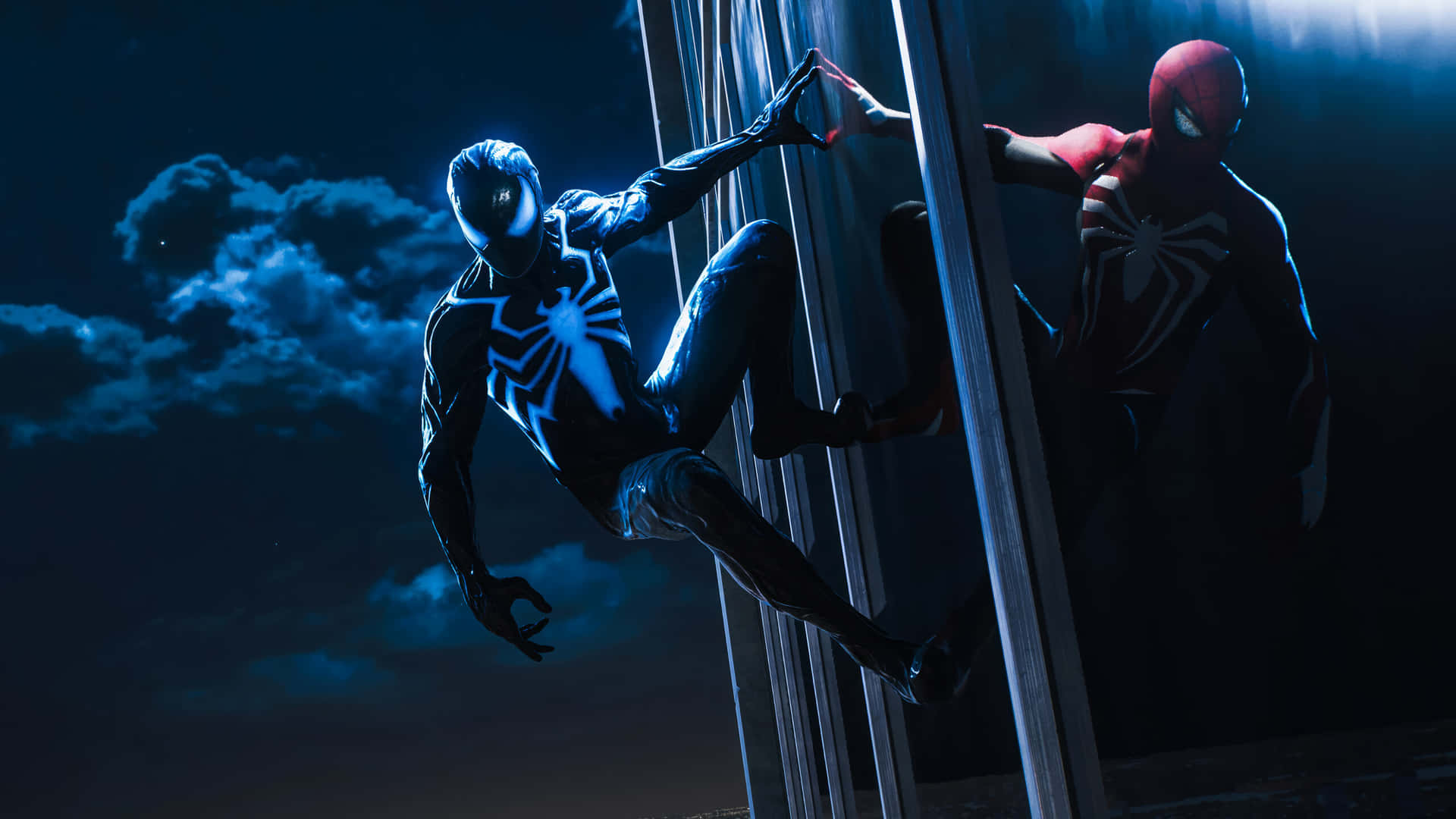 Download Symbiote Spider Manand Classic Spidey Nighttime Encounter Wallpaper