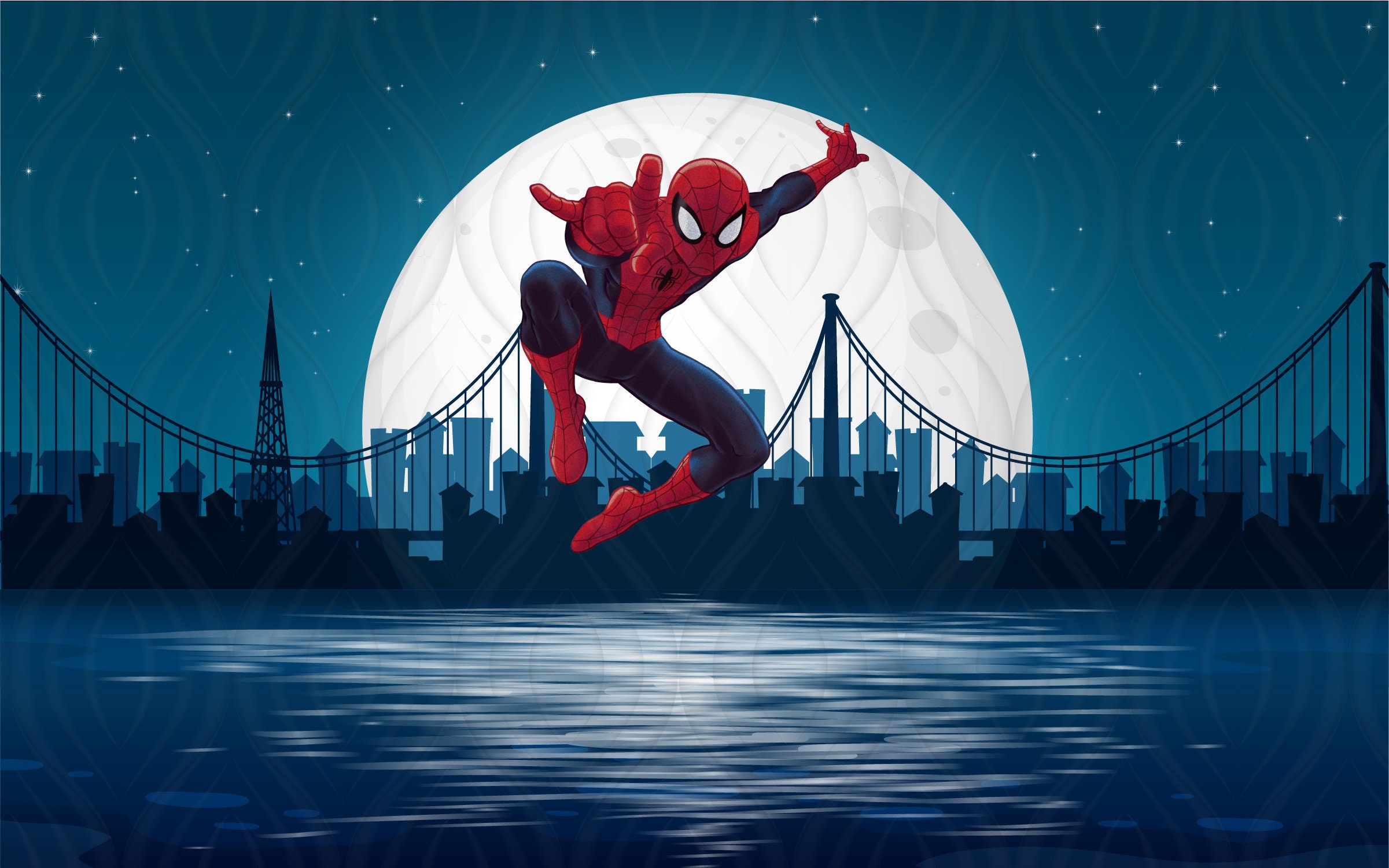 Spiderman Wallpaper for Boys Room, Night City Skyline Art Mural Kids Bedroom, Comics Wall Decor Toddler Boy Nursery, Moon Decor Playroom