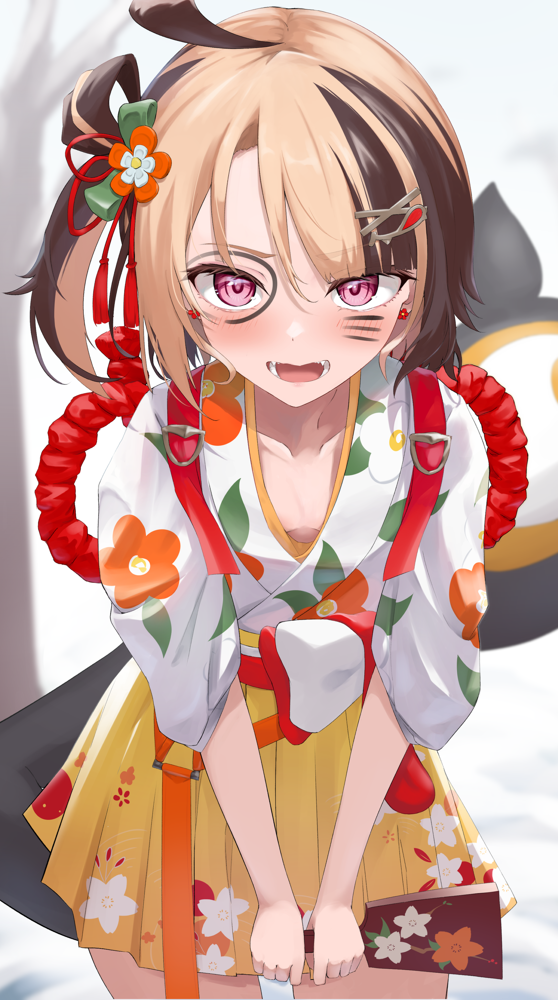 Gigi Murin, cleavage, small boobs, short hair, open mouth, collarbone, looking at viewer, Hololive English, Virtual Youtuber, portrait display, blushing, purple eyes, anime girls, frontal view, hair accessories, earring, pointy teeth, asian