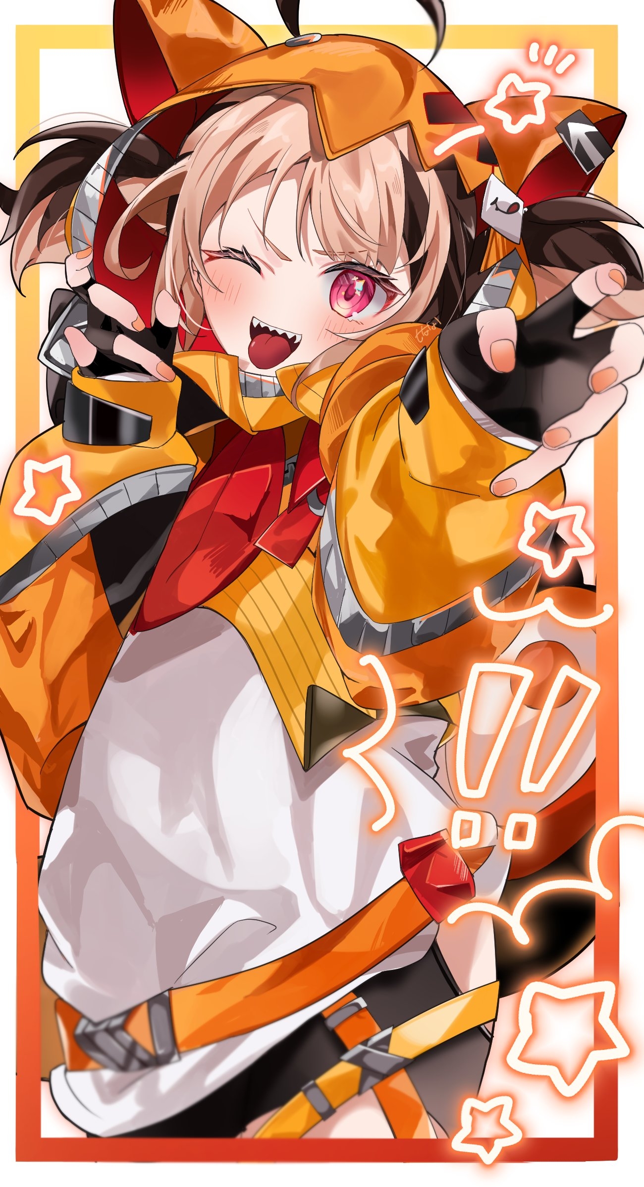 Gigi Murin, tongues, smiling, tongue out, short hair, two tone hair, orange nails, painted nails, one eye closed, Hololive English, portrait display, pointy teeth, gloves, fingerless gloves, anime girls, Virtual Youtuber, blushing