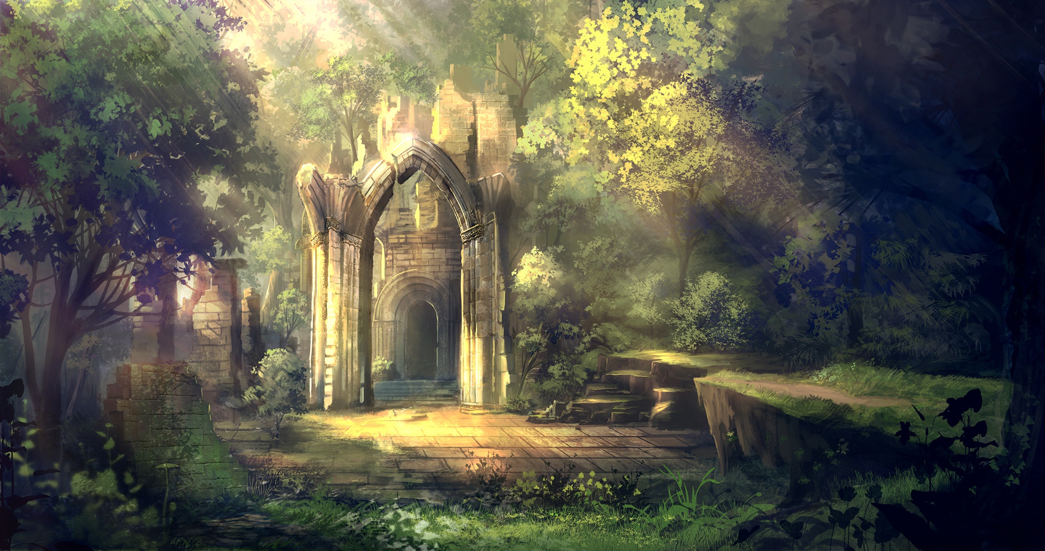Wallpaper forest, castle, ruins for mobile and desktop, section арт, resolution 2047x1080