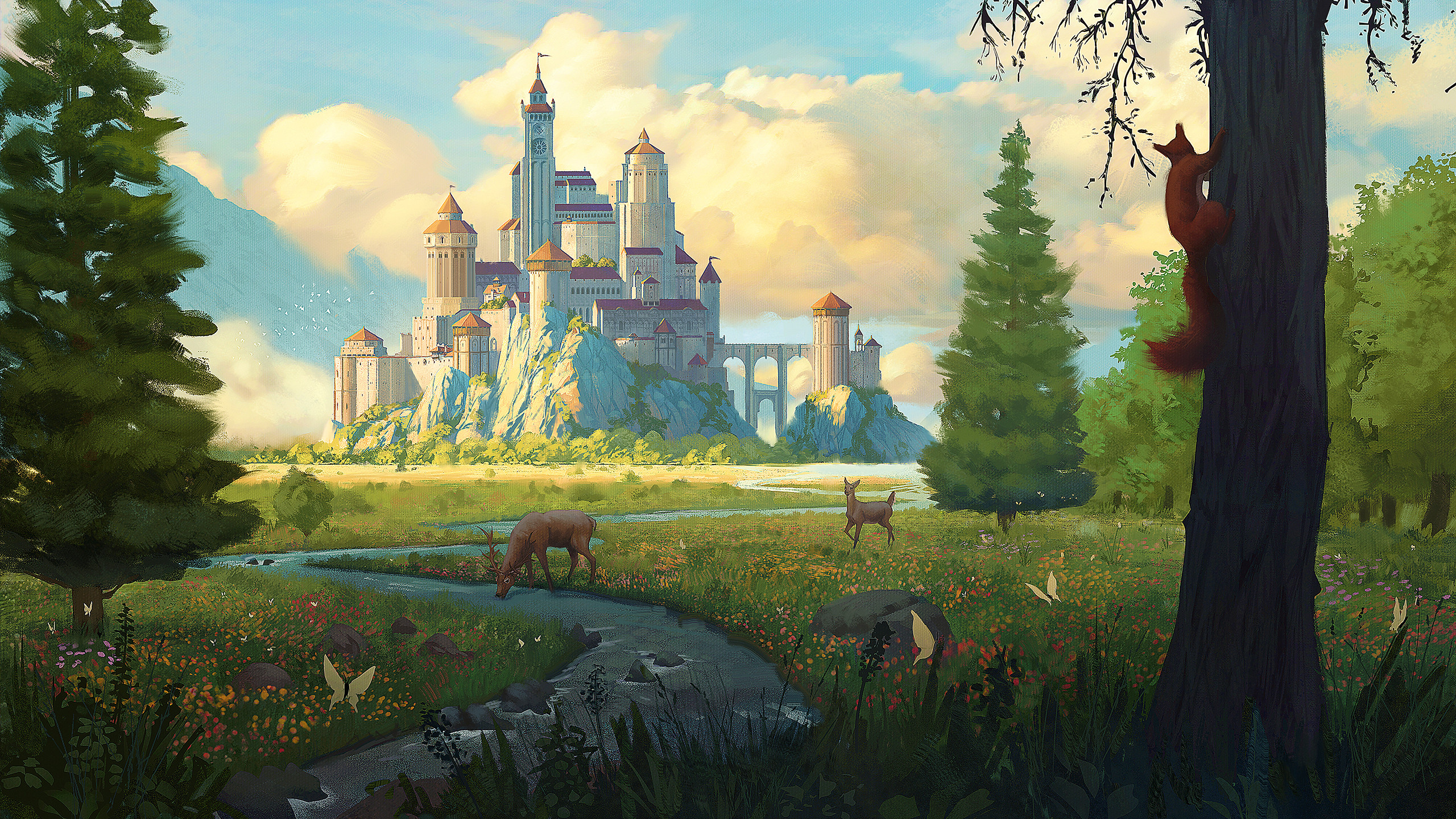 Majestic Fantasy Castle HD Wallpaper: A Serene Kingdom Beyond the Forest