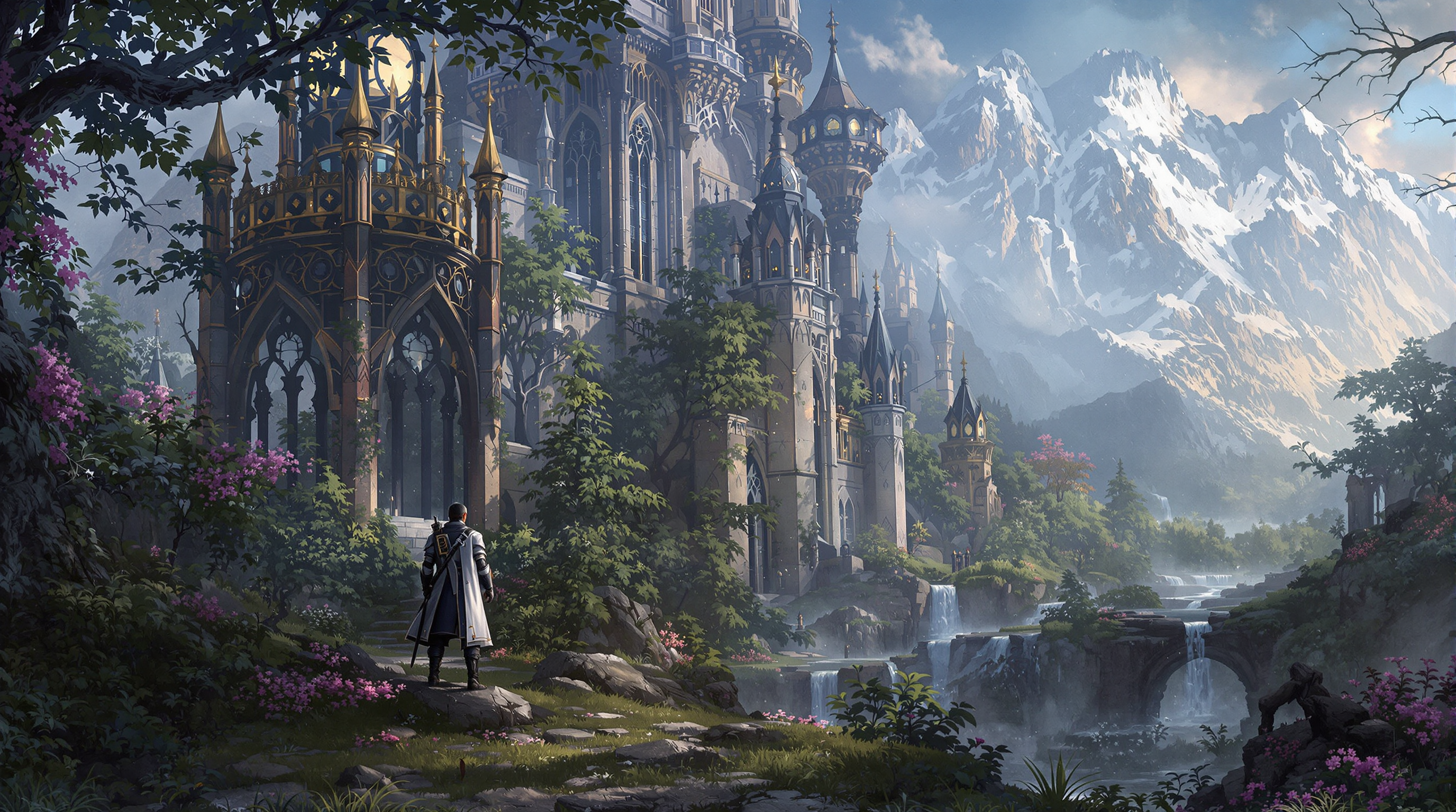 Fantasy Castle in a Mountainous Landscape with Waterfalls and a Lone Figure AI Image